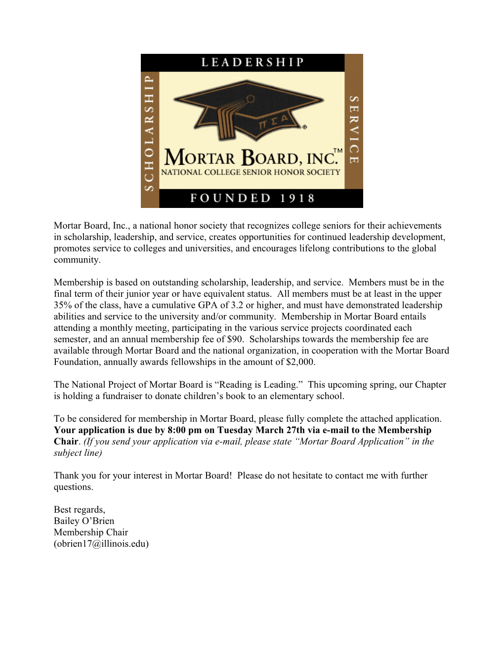 Mortar Board, Inc., a National Honor Society That Recognizes College Seniors for Their