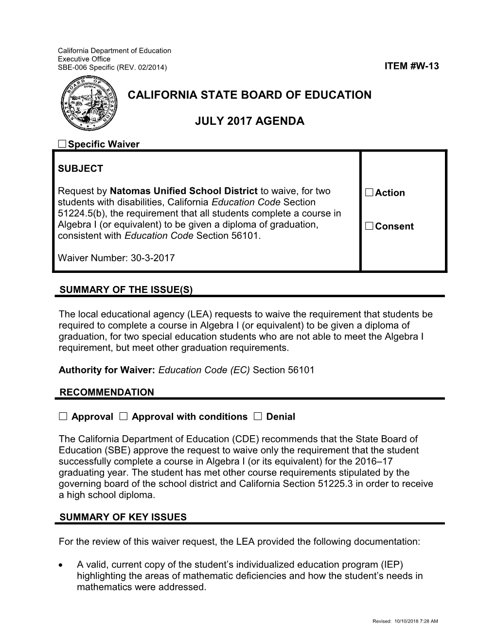 July 2017 Waiver Item W-13 - Meeting Agendas (CA State Board of Education)