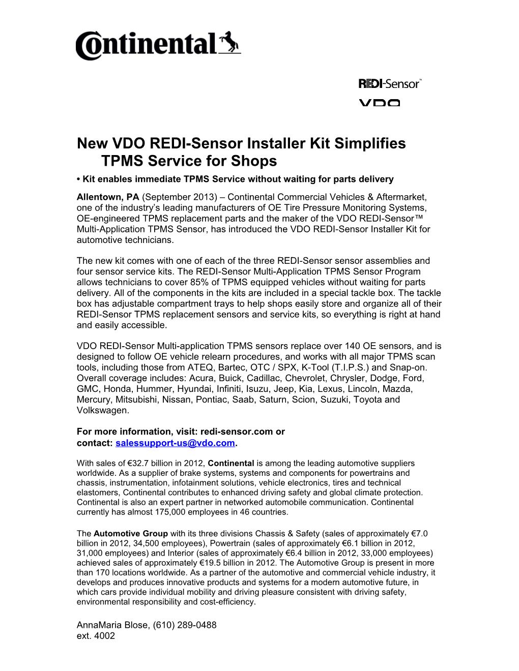 New VDO REDI-Sensor Installer Kit Simplifies TPMS Service for Shops
