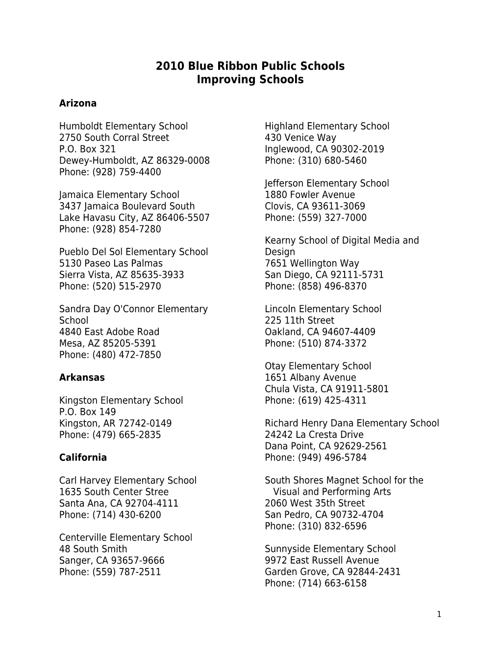 2010 Blue Ribbon Public Schools, Category: Improving Schools October 2010 (Msword)