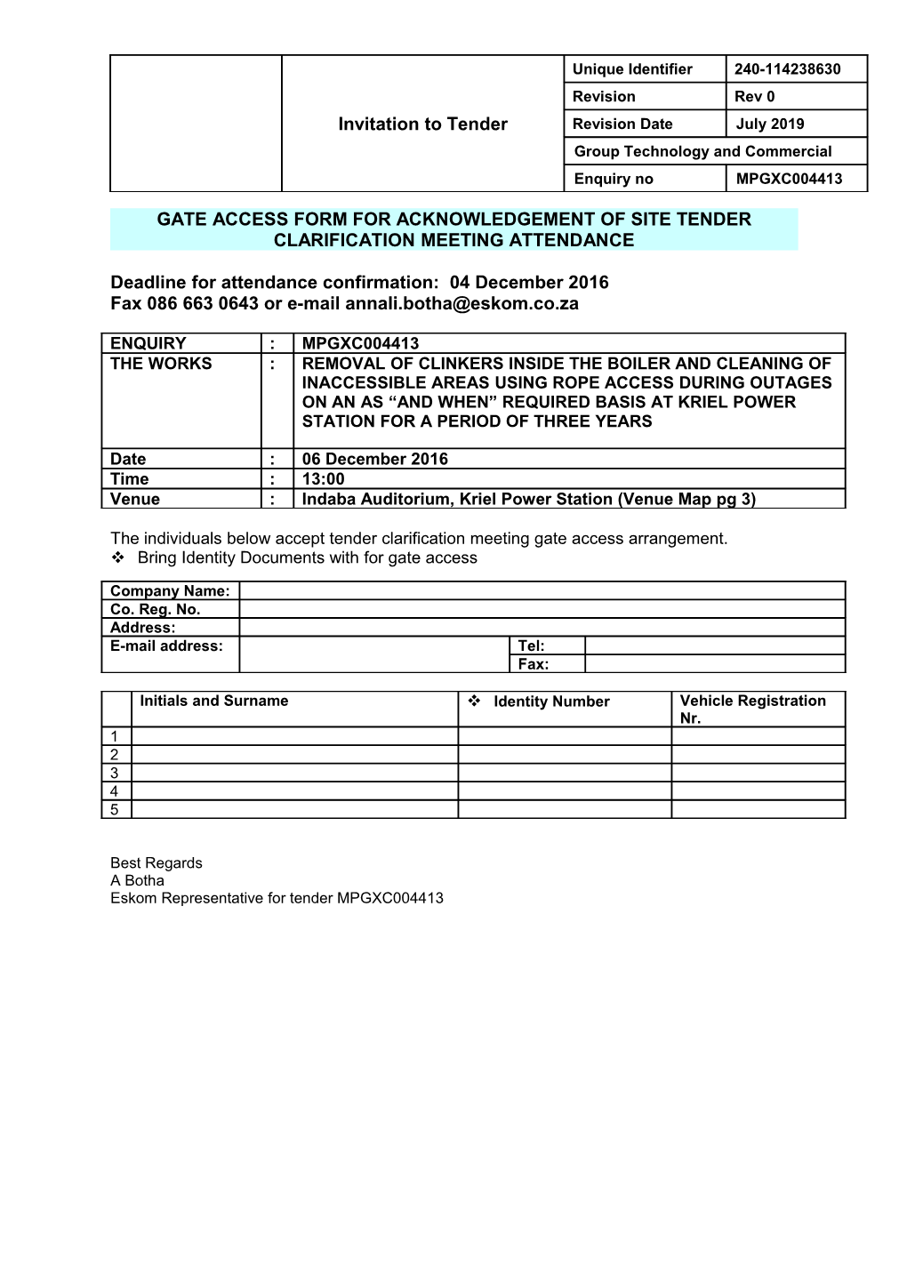 Gate Access Form for Acknowledgement of Site Tender Clarification Meeting Attendance