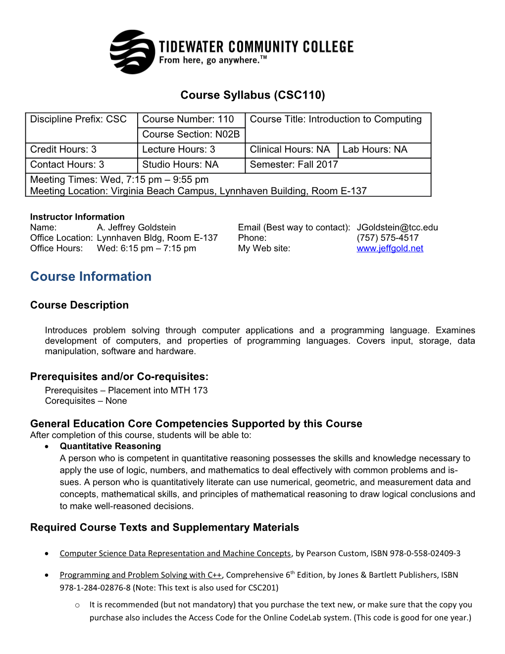 Course Syllabus (CSC110)