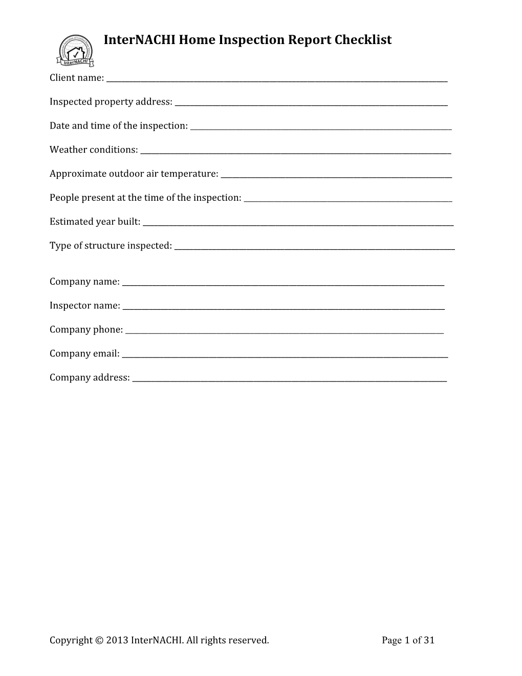 Internachi Home Inspection Report Checklist