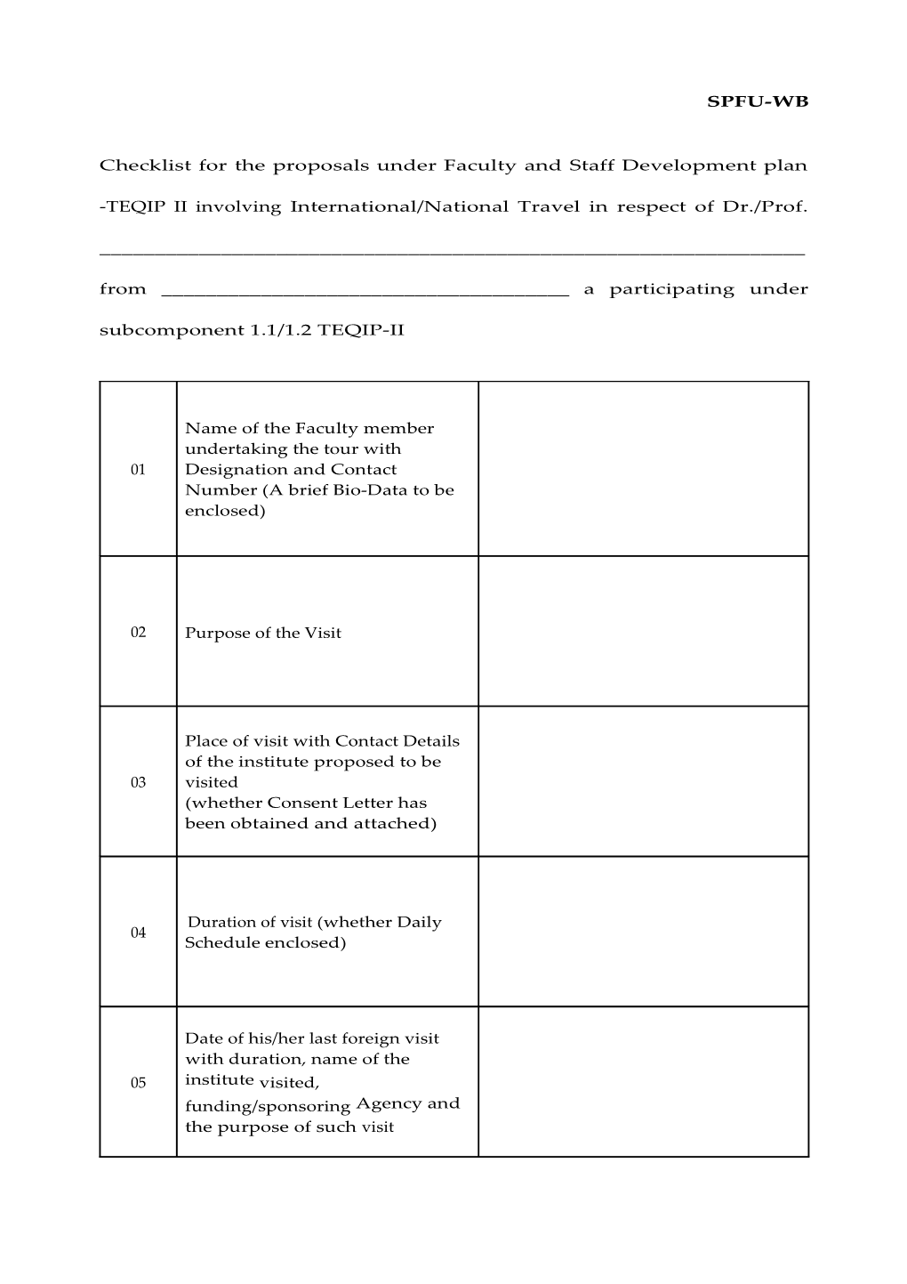 Checklist for the Proposals Under Faculty and Staff Development Plan