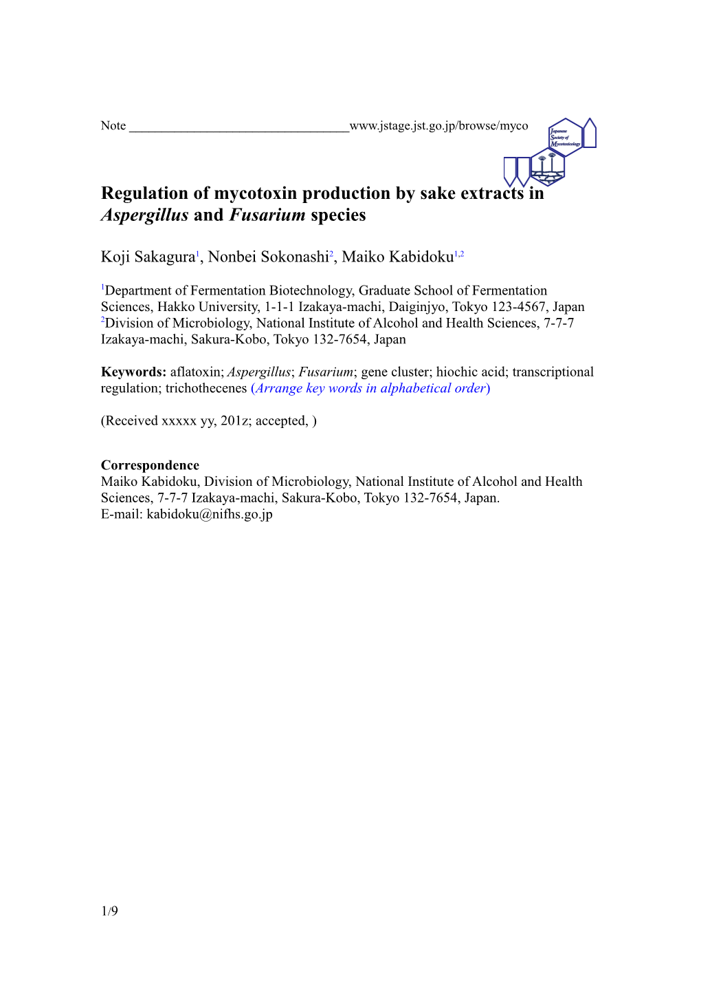 Regulationof Mycotoxin Production by Sake Extracts in Aspergillus and Fusarium Species