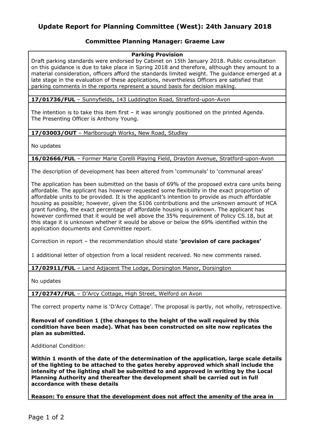 Update Report for Planning Committee(West): 24Th January 2018