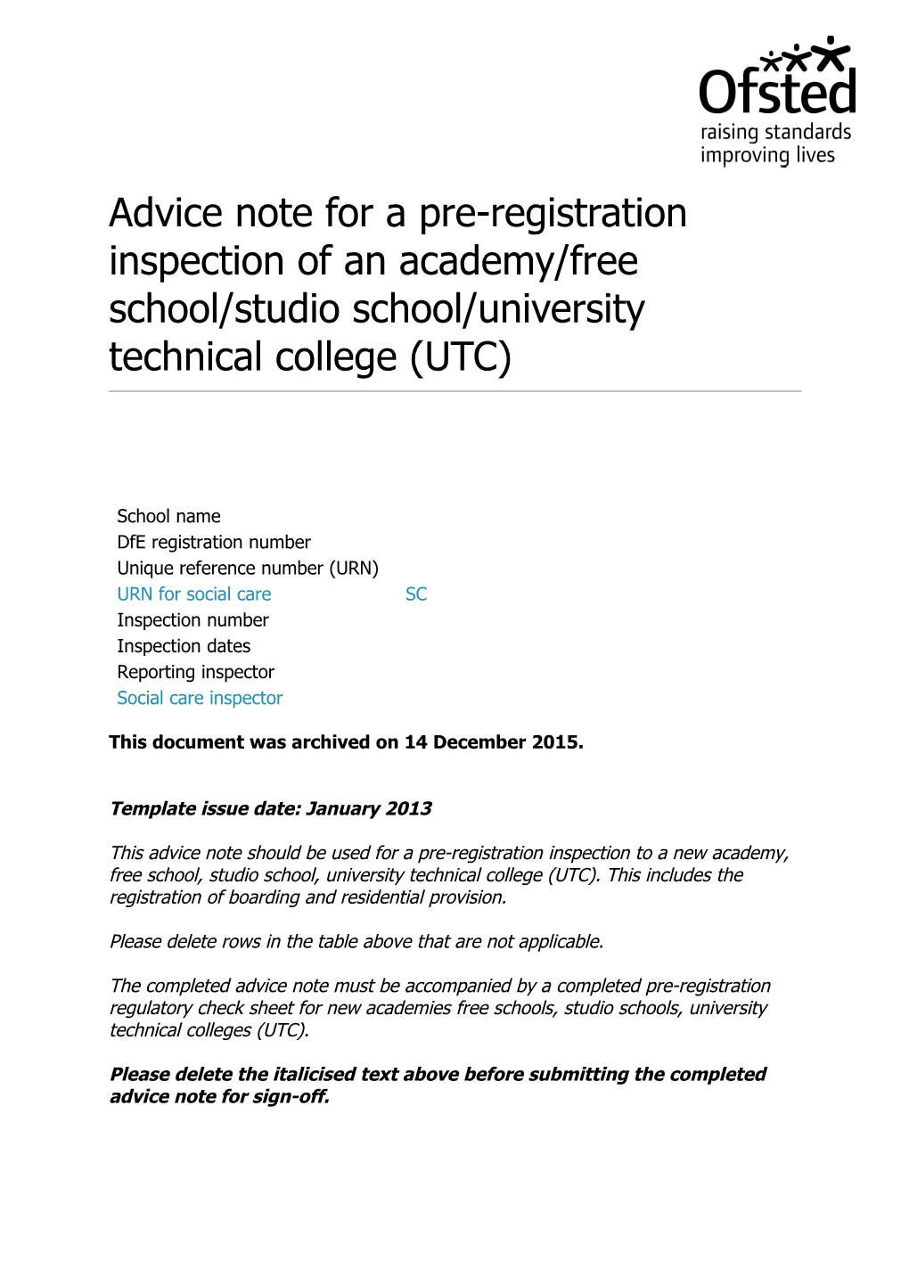 4. Advice Note for Pre-Registration Inspection to an Academy, Free School, Studio School