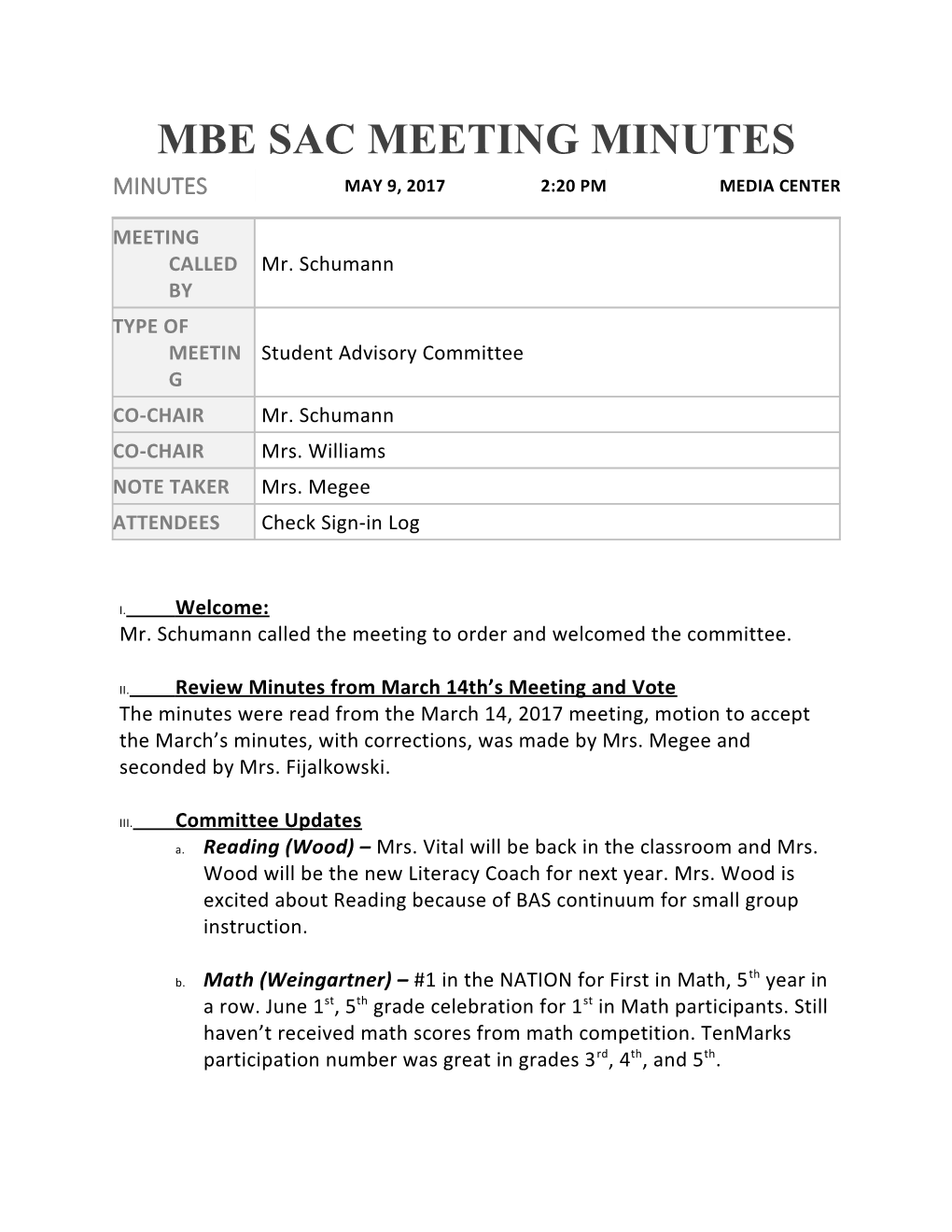 Mbe Sac Meeting Minutes