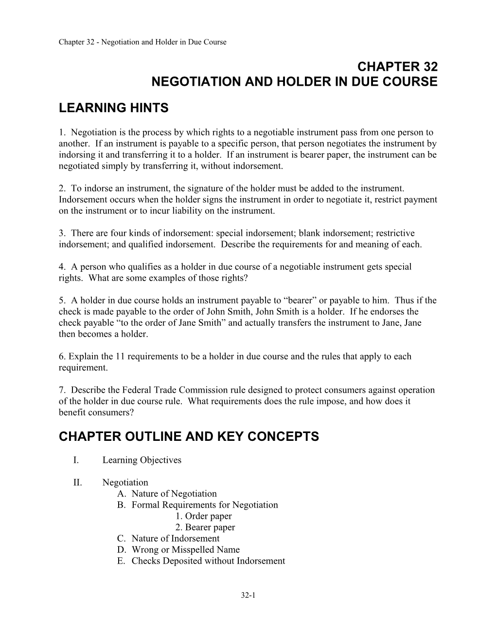 Chapter 32 - Negotiation and Holder in Due Course