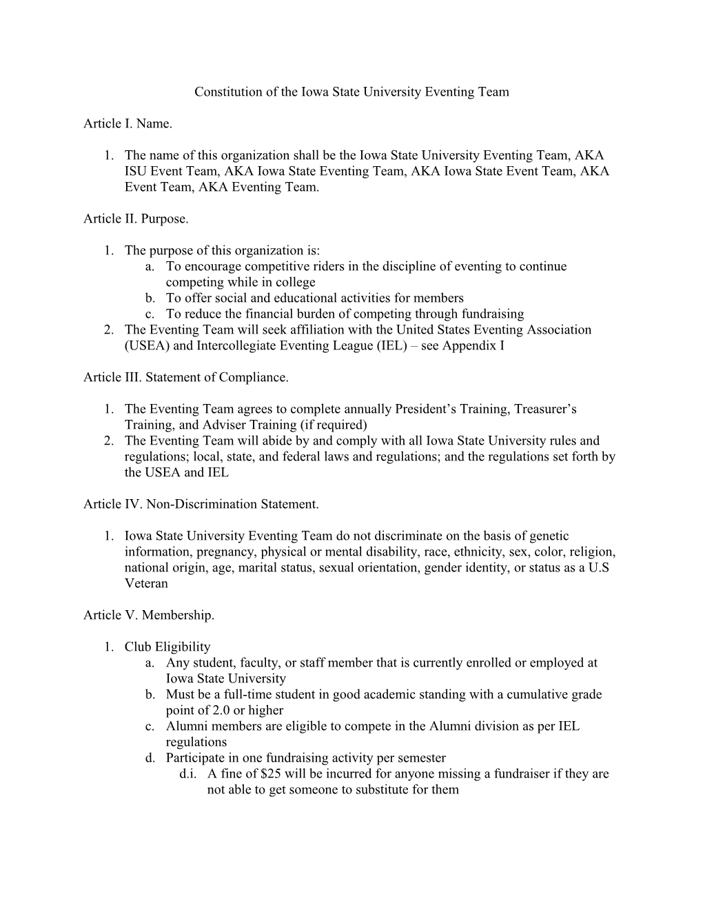 Constitution of the Iowa State University Eventing Team