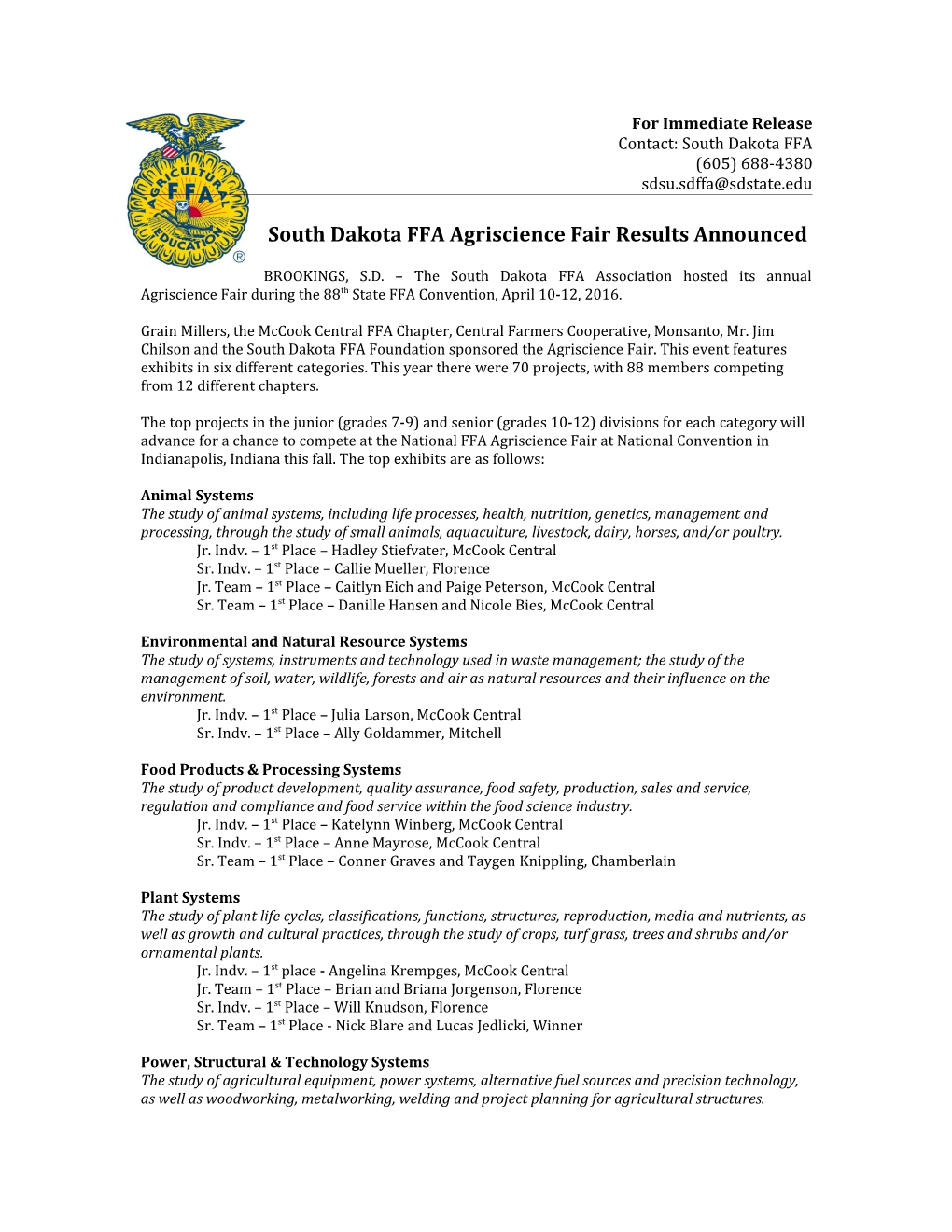 South Dakota FFA Agriscience Fair Results Announced