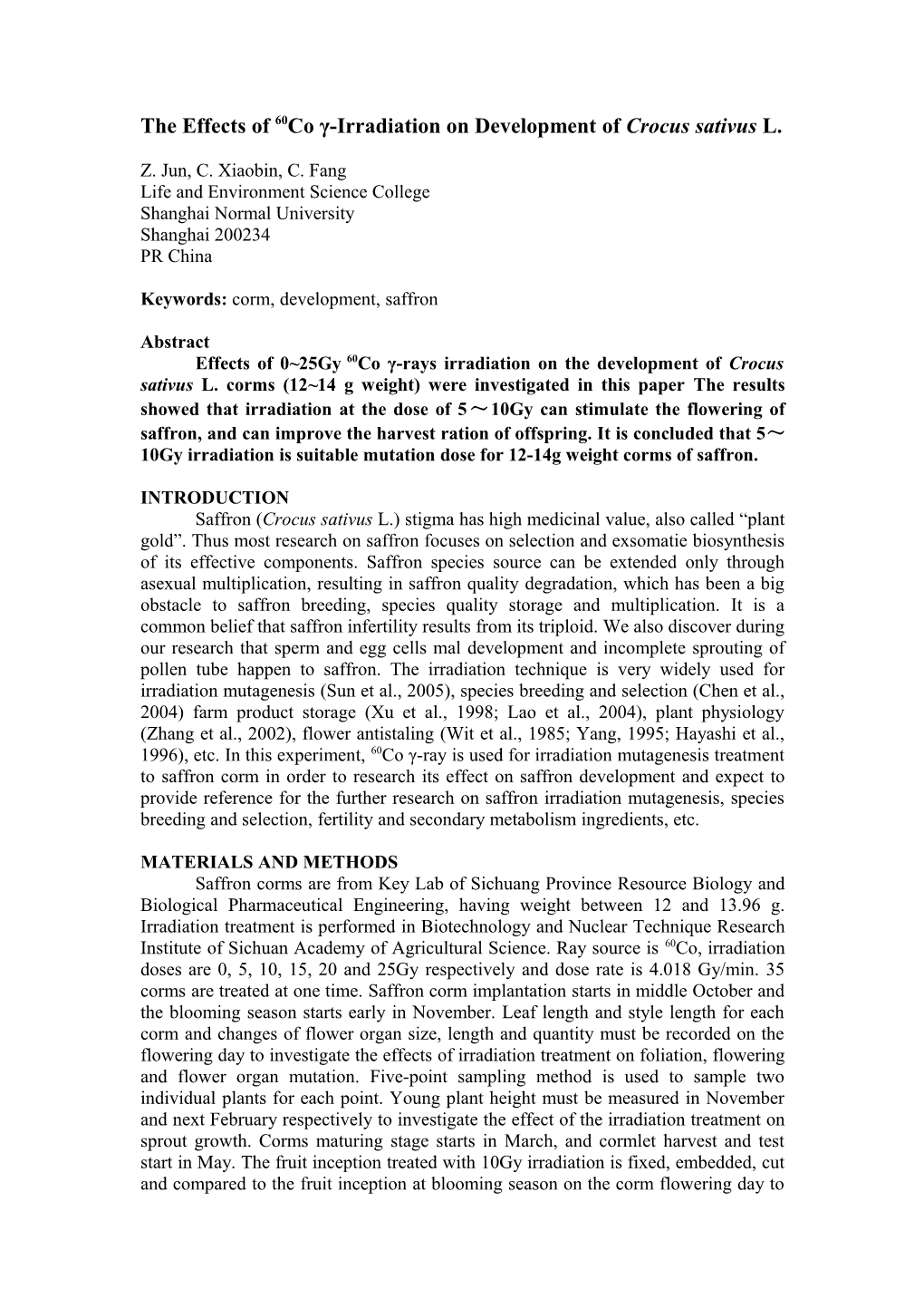 The Effects of 60Co Γ-Irradiation on Development of Crocus Sativus L