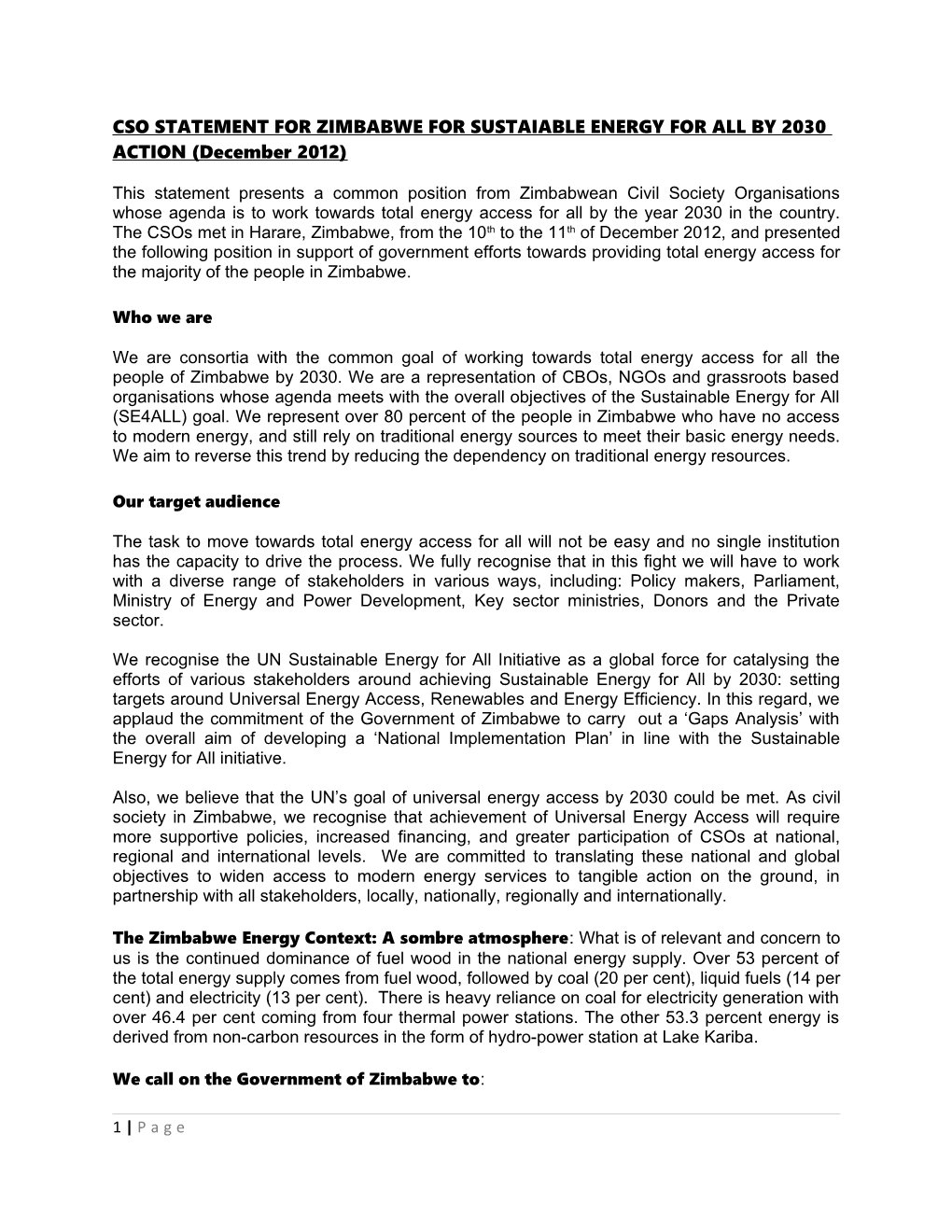 CSO STATEMENT for ZIMBABWE for SUSTAIABLE ENERGY for ALL by 2030 ACTION (December 2012)