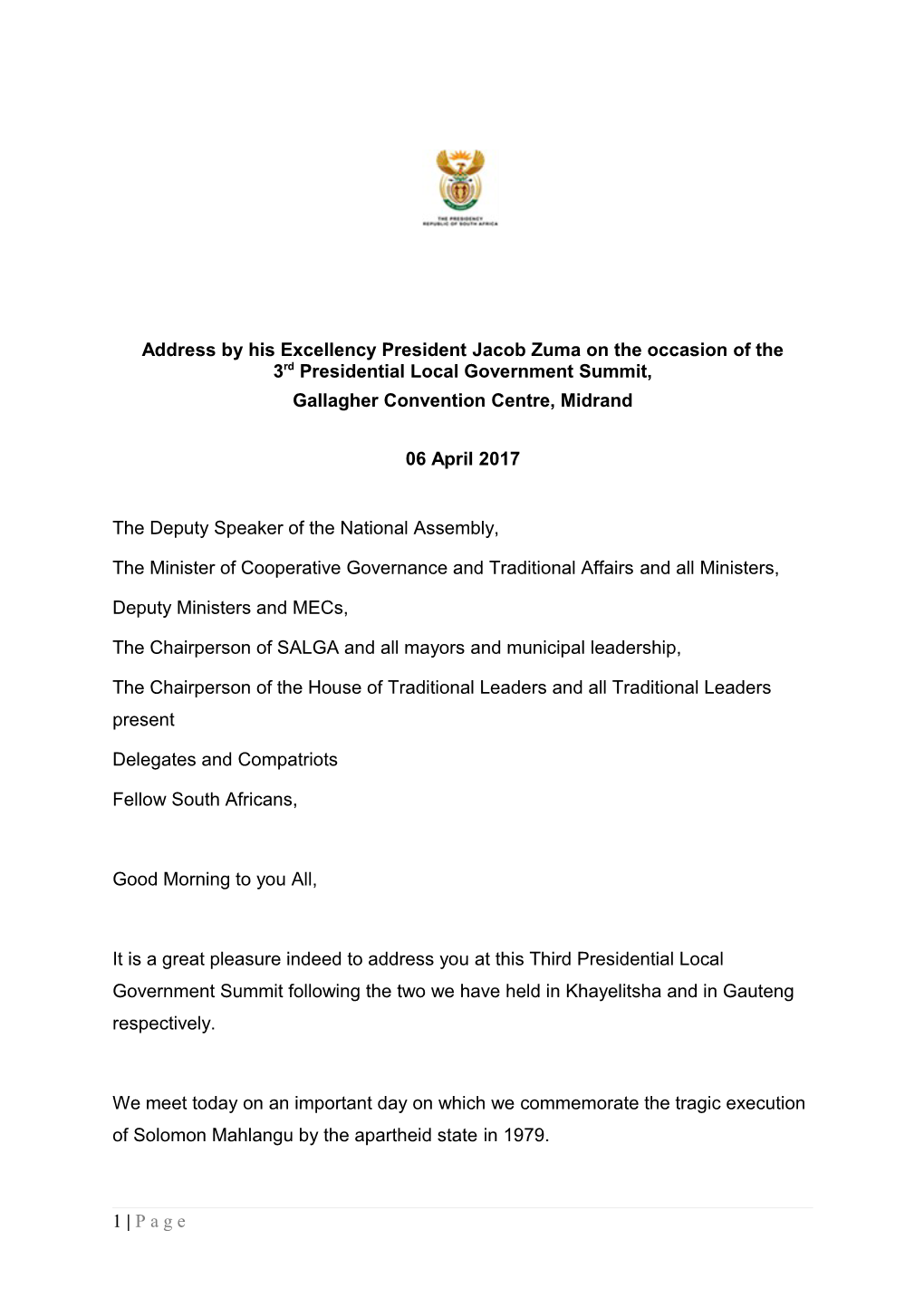 Address by His Excellency Presidentjacobzuma on the Occasion of the 3Rdpresidential Local