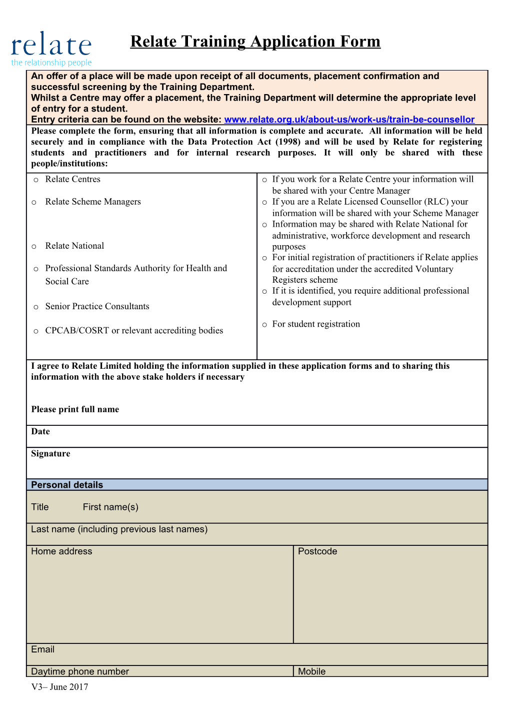 Relate Training Application Form