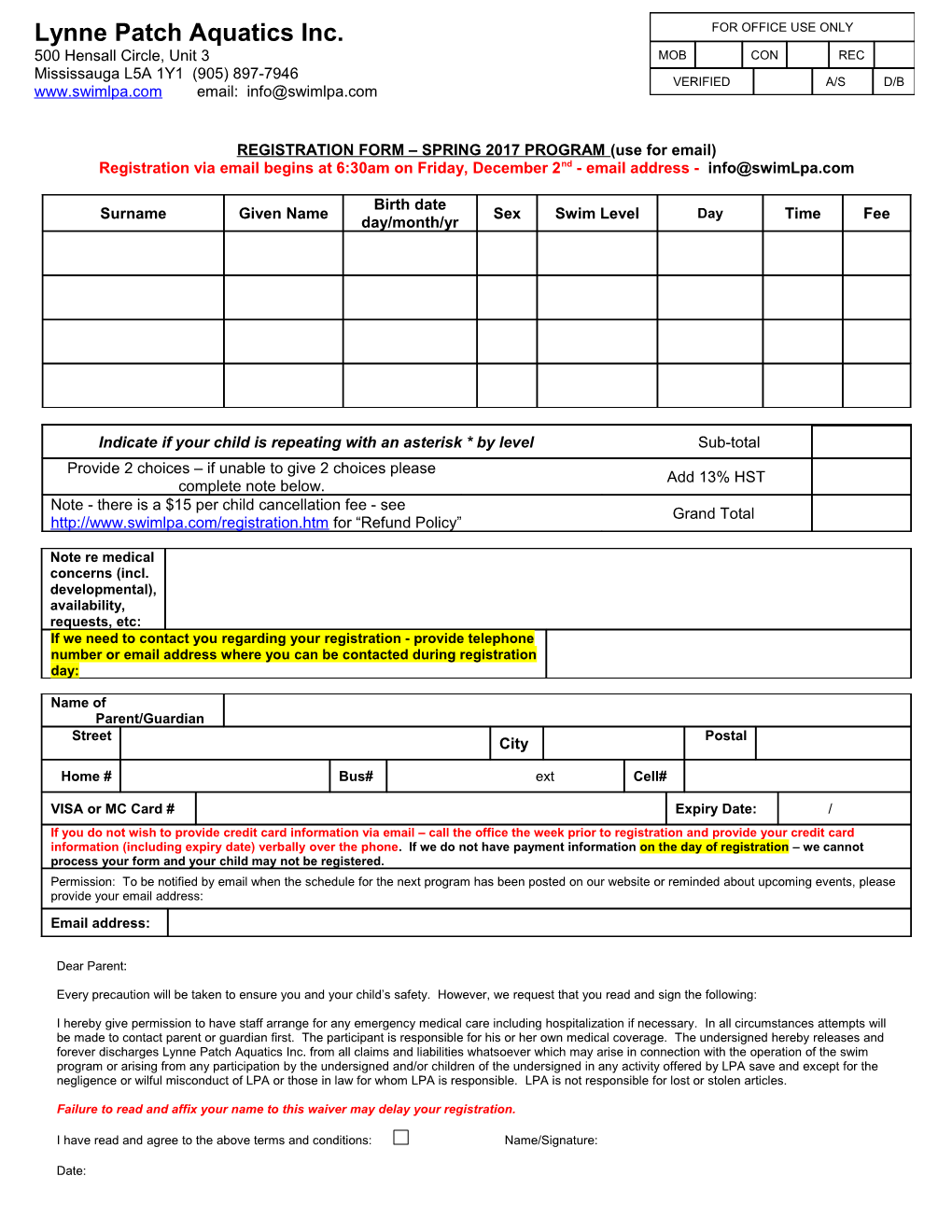 REGISTRATION FORM SPRING 2017PROGRAM(Use for Email)