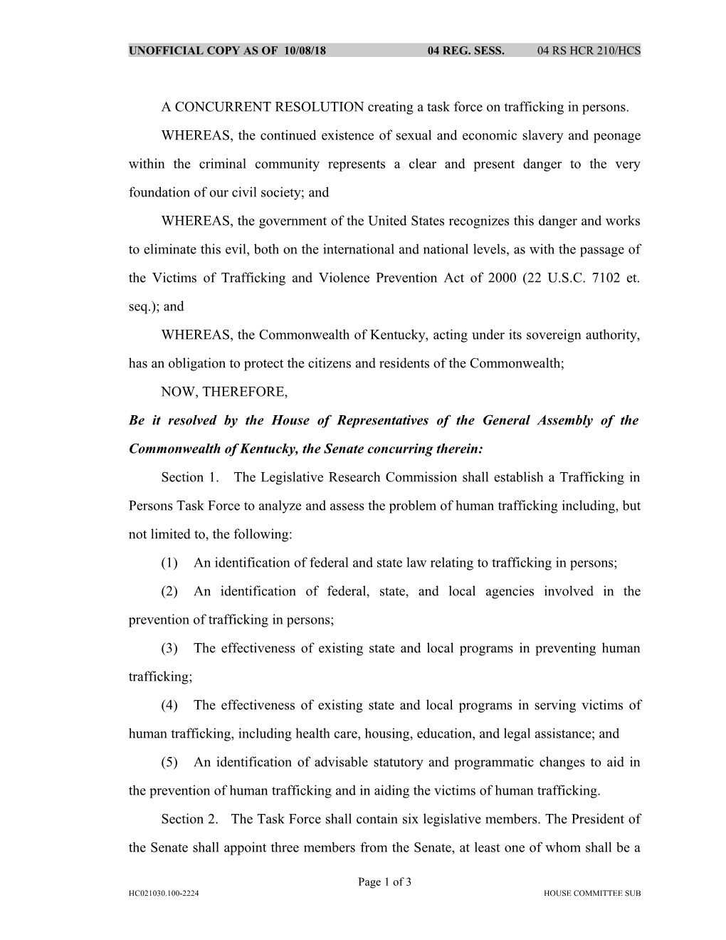 A CONCURRENT RESOLUTION Creating a Task Force on Trafficking in Persons