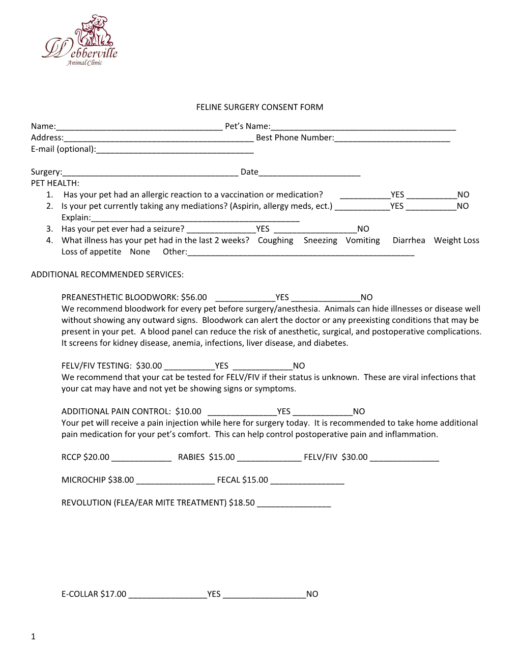 Feline Surgery Consent Form