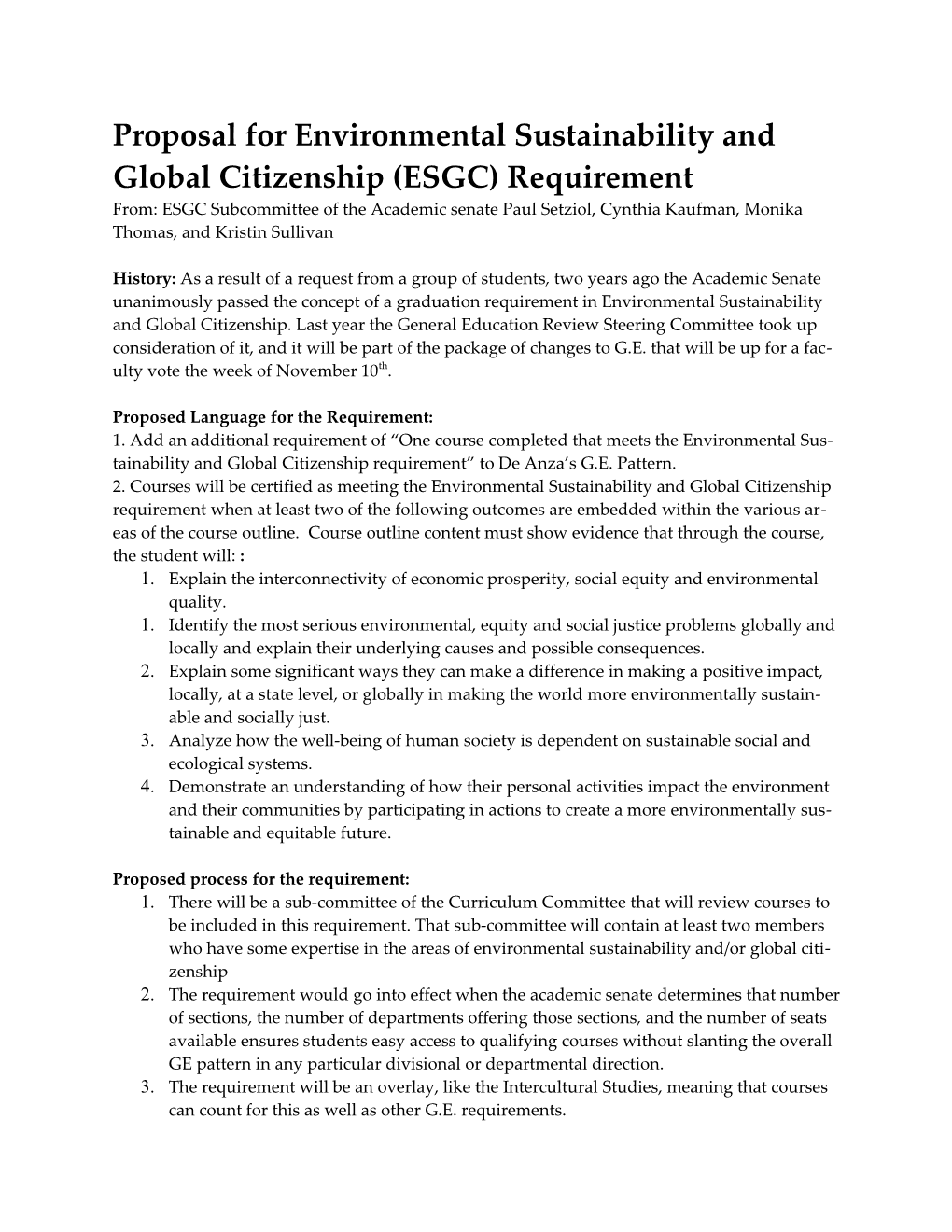 Proposal for Sustainability and Global Citizenship Requirement for De Anza