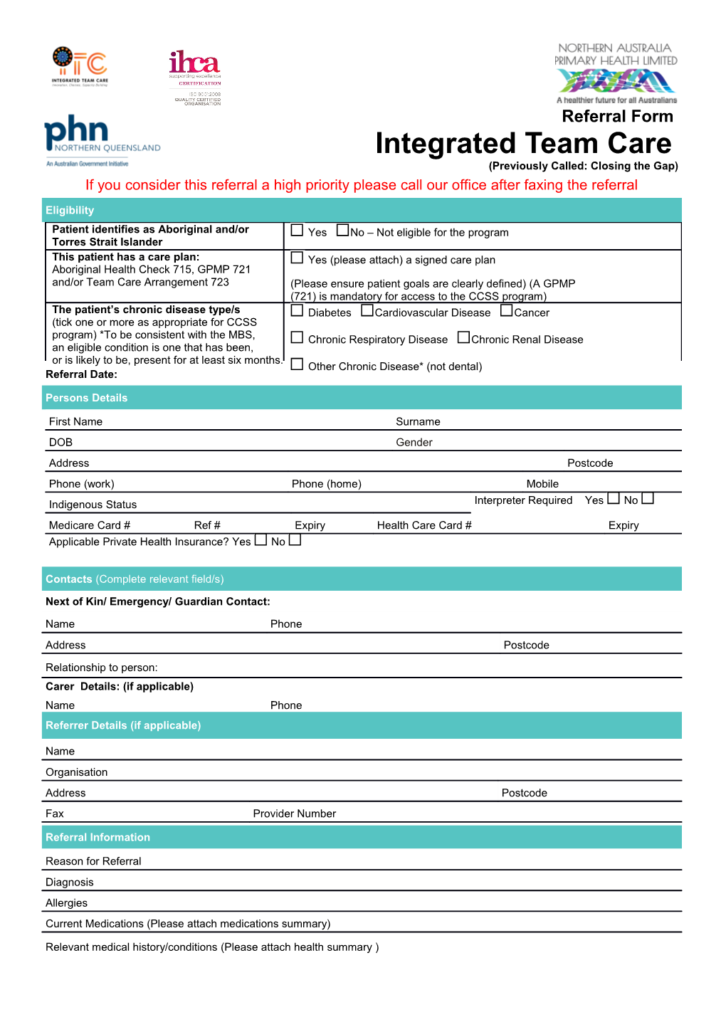 Referral Form Integrated Team Care