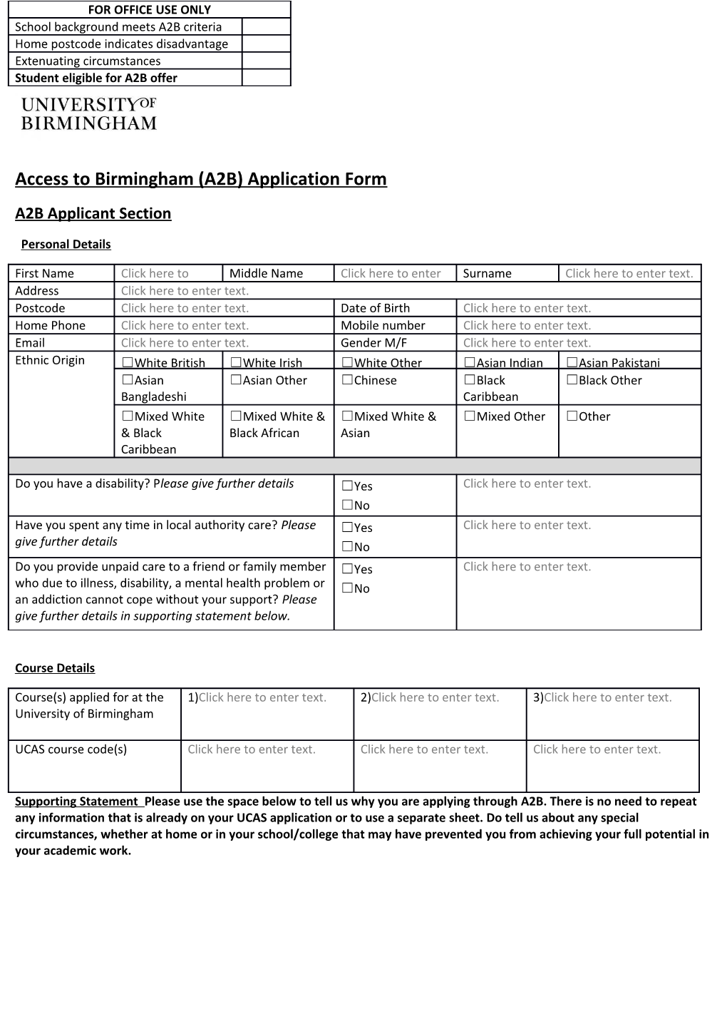 Access to Birmingham (A2B) Application Form