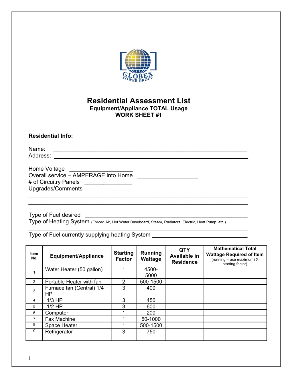 Equipment/Appliancetotal Usage WORK SHEET #1