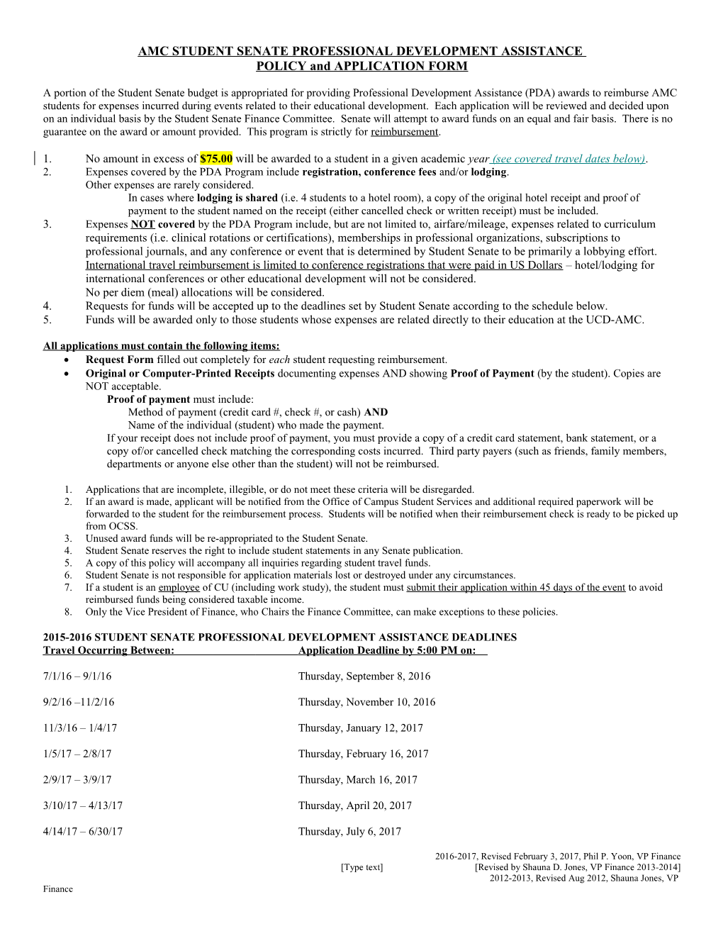 Uchsc Student Senate Professional Development Assistance Policy