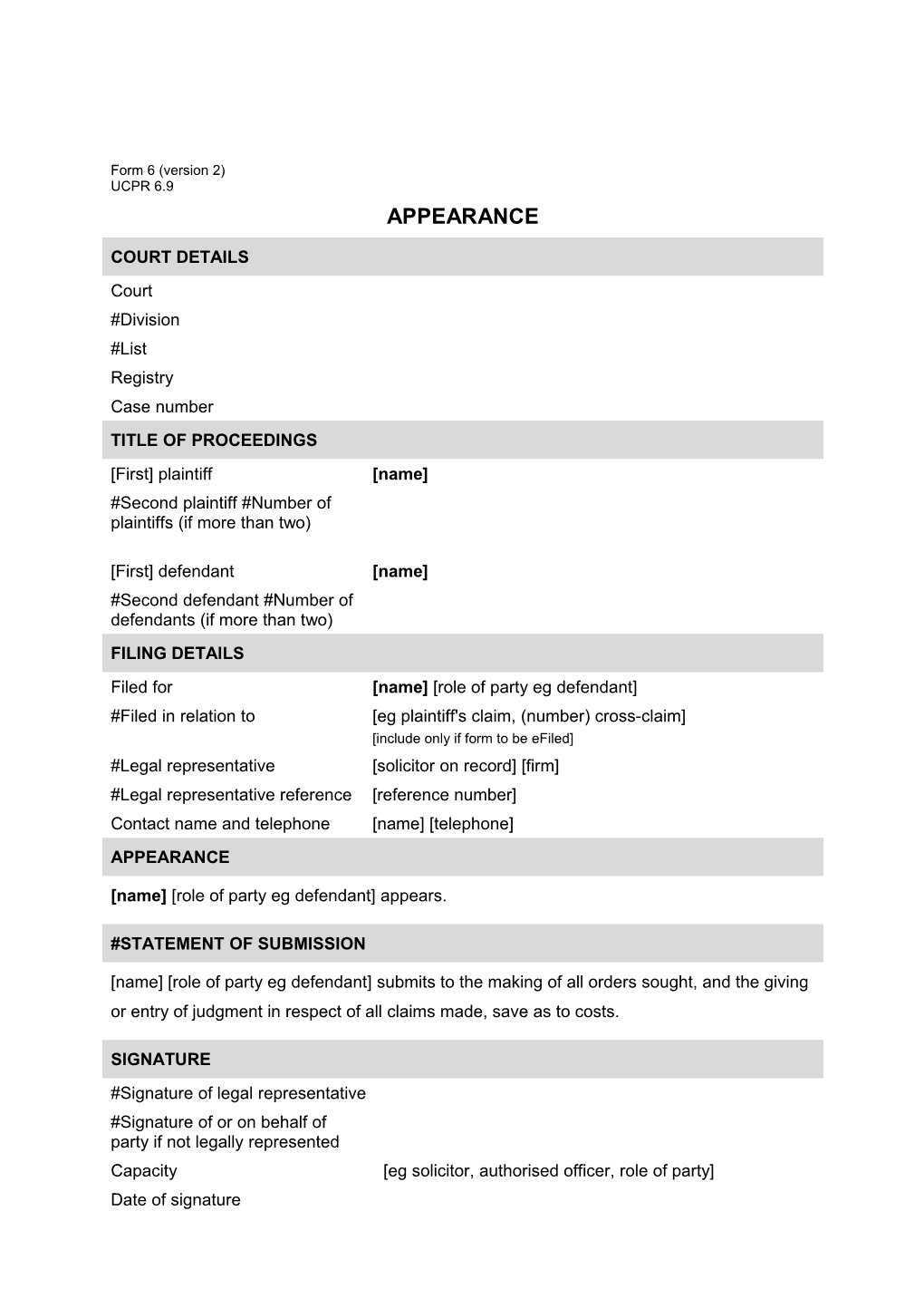 NSW UCPR Form 6 - Appearance