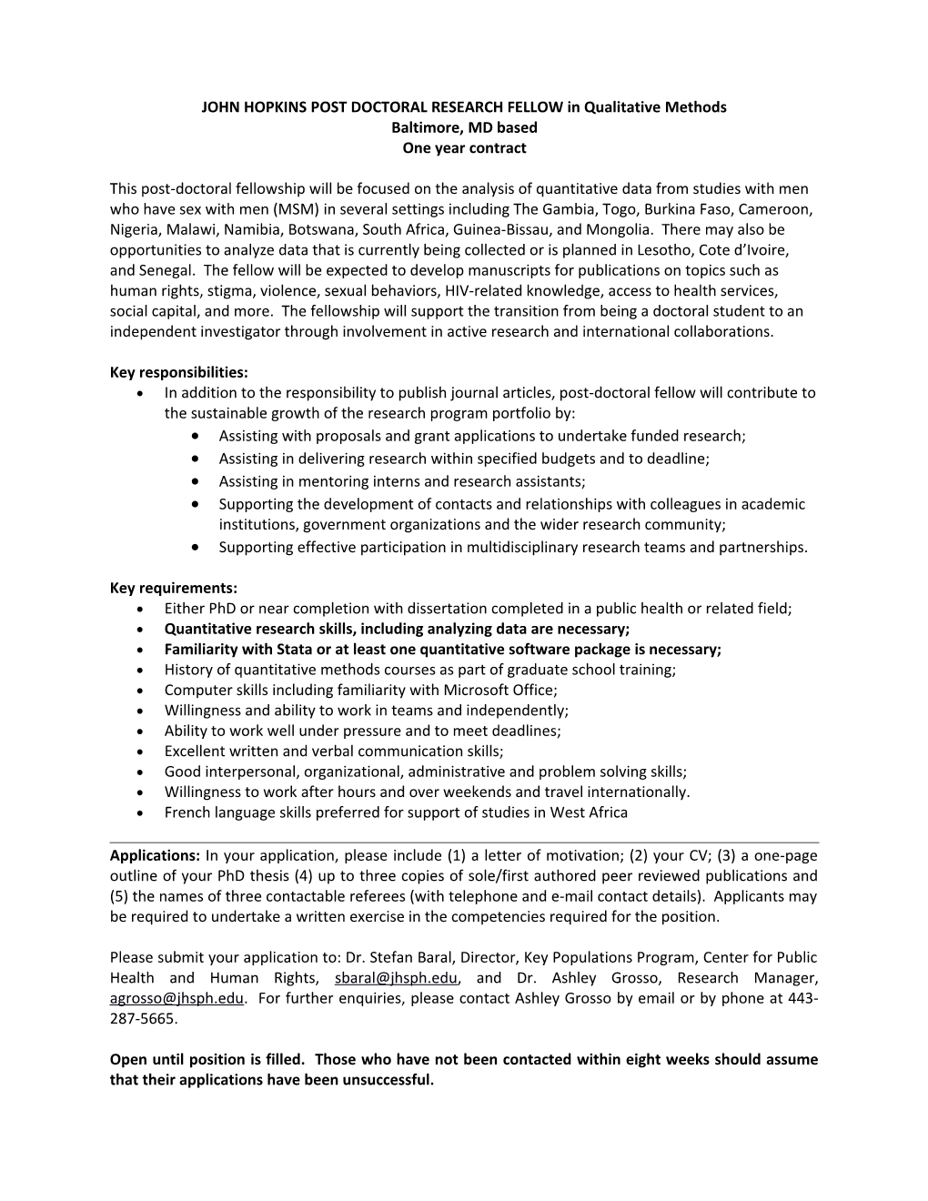 JOHN HOPKINS POST DOCTORAL RESEARCH FELLOW in Qualitative Methods