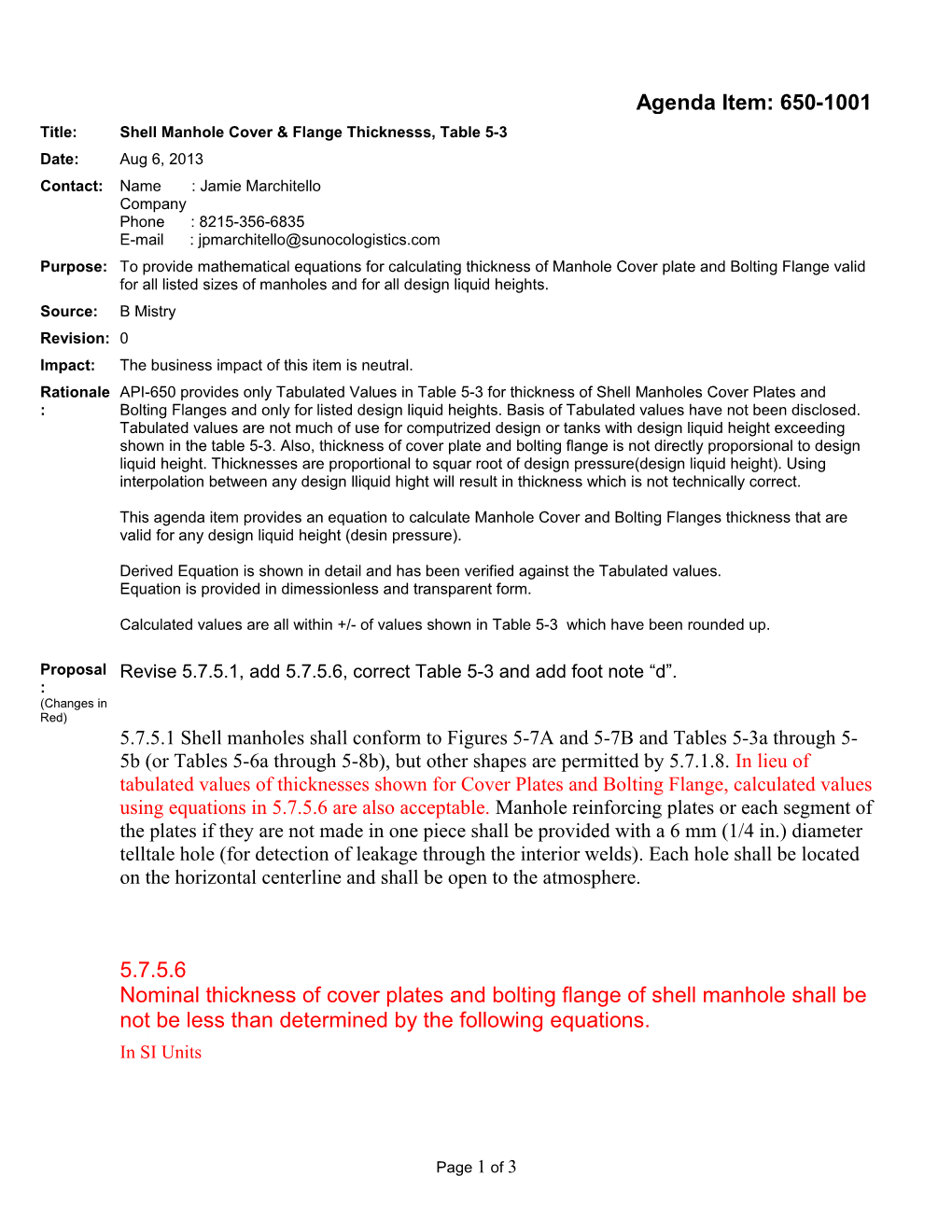 Shell Manhole Cover & Flange Thicknesss, Table 5-3