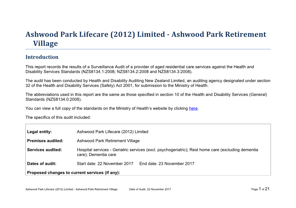 Ashwood Park Lifecare (2012) Limited - Ashwood Park Retirement Village