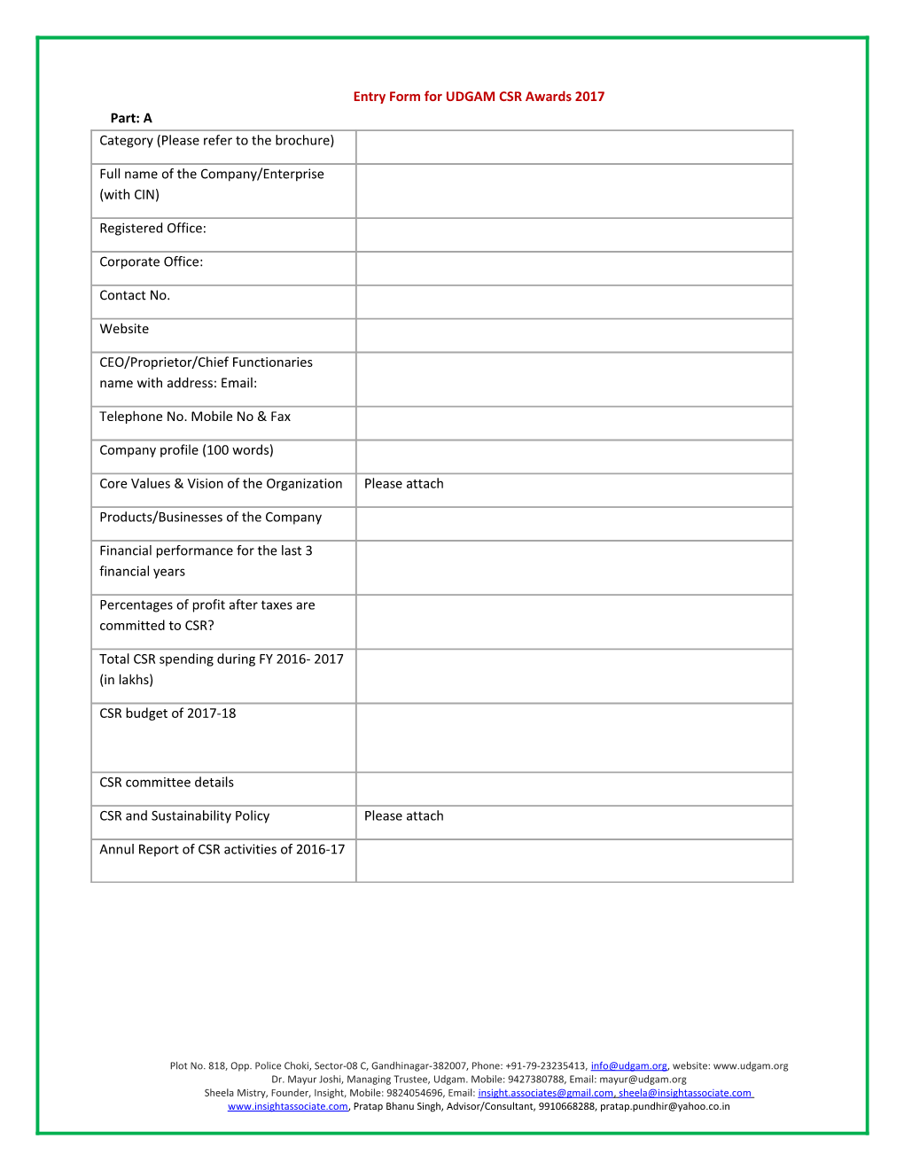 Entry Form for UDGAM CSR Awards 2017