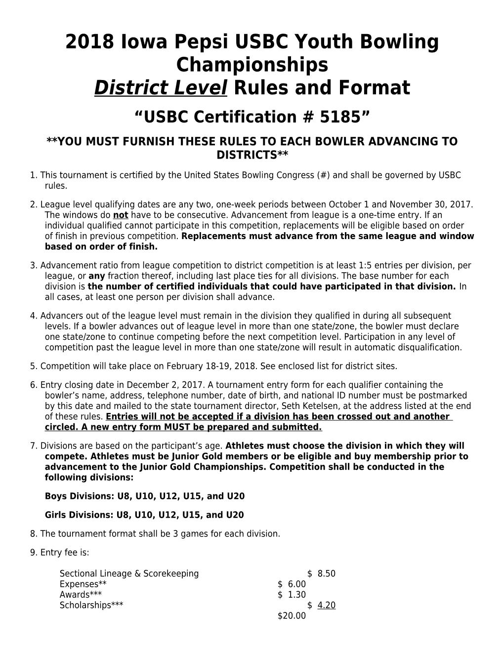 You Must Furnish These Rules to Each Bowler Advancing to Districts