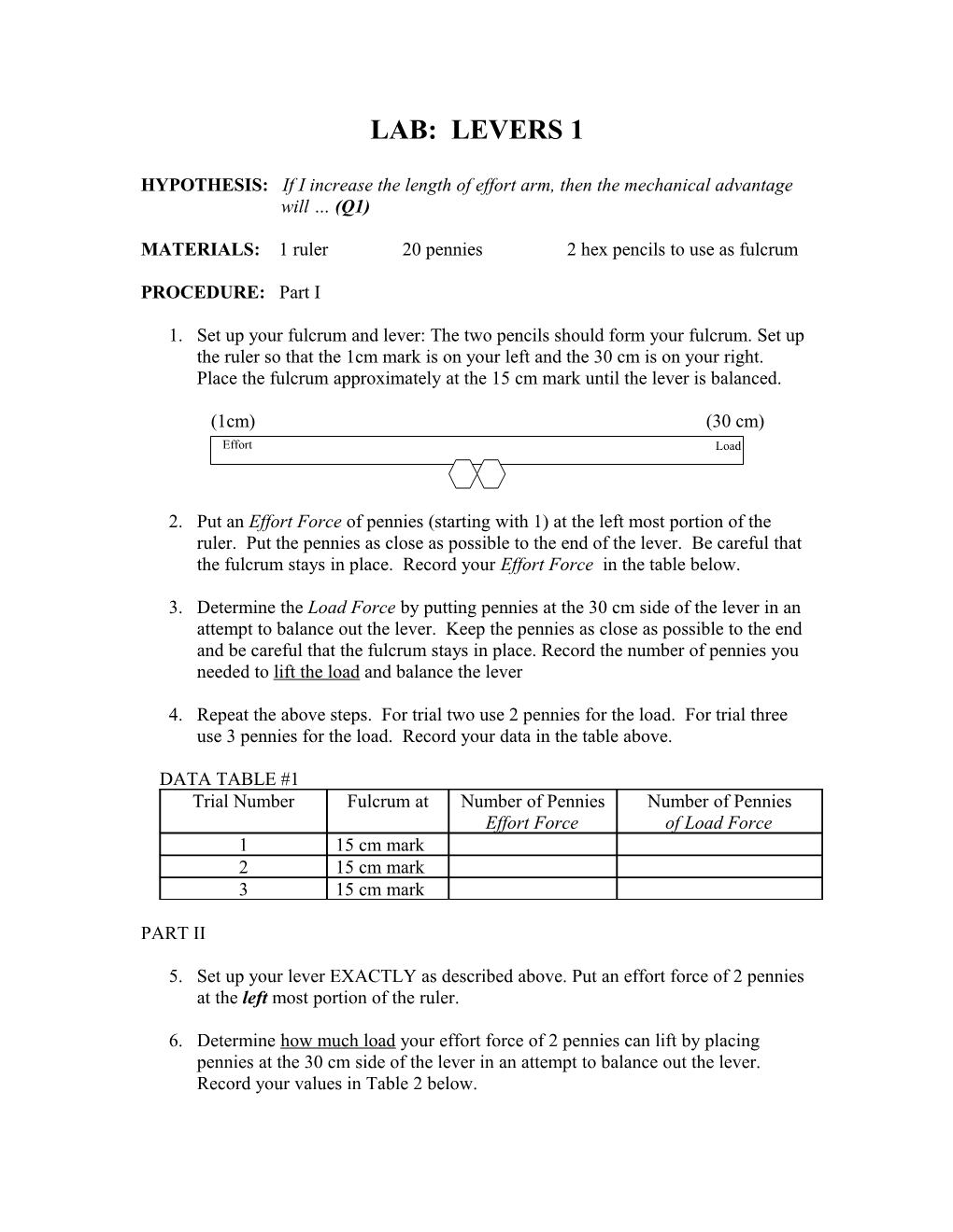 MATERIALS: 1 Ruler 20 Pennies 2 Hex Pencils to Use As Fulcrum