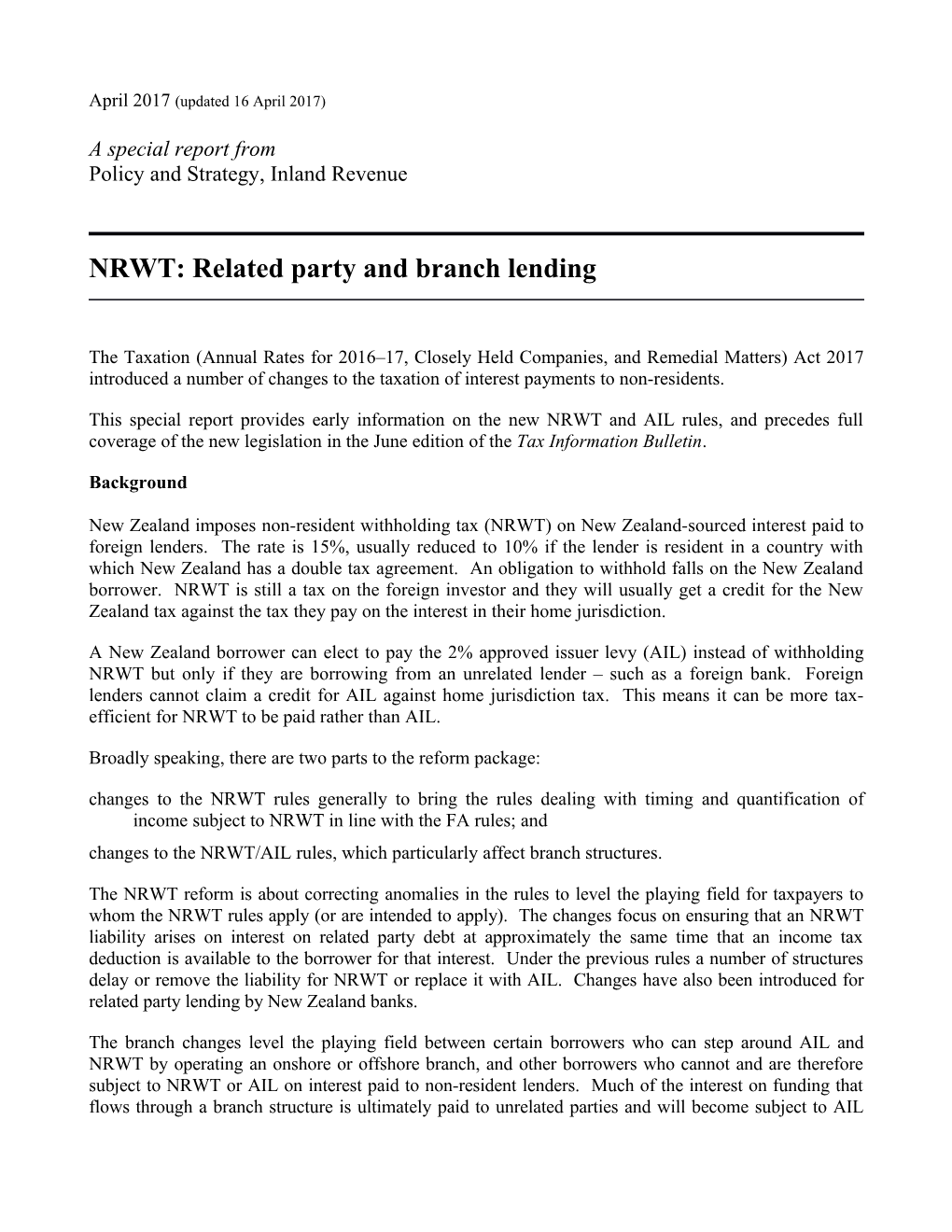 Special Report on NRWT: Related Party and Branch Lending (April 2017)