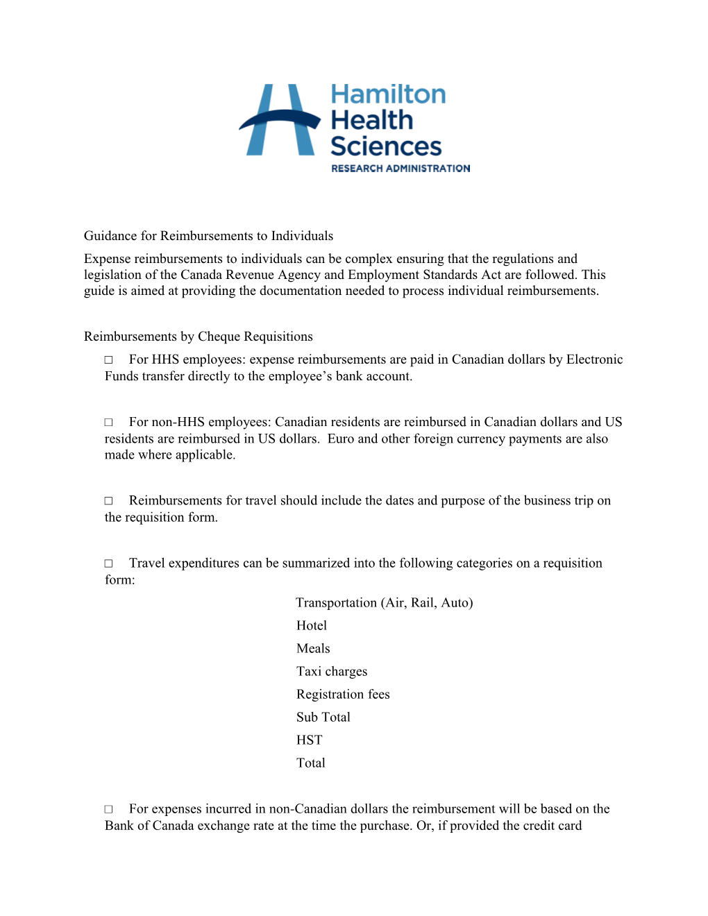 Guidance for Reimbursements to Individuals