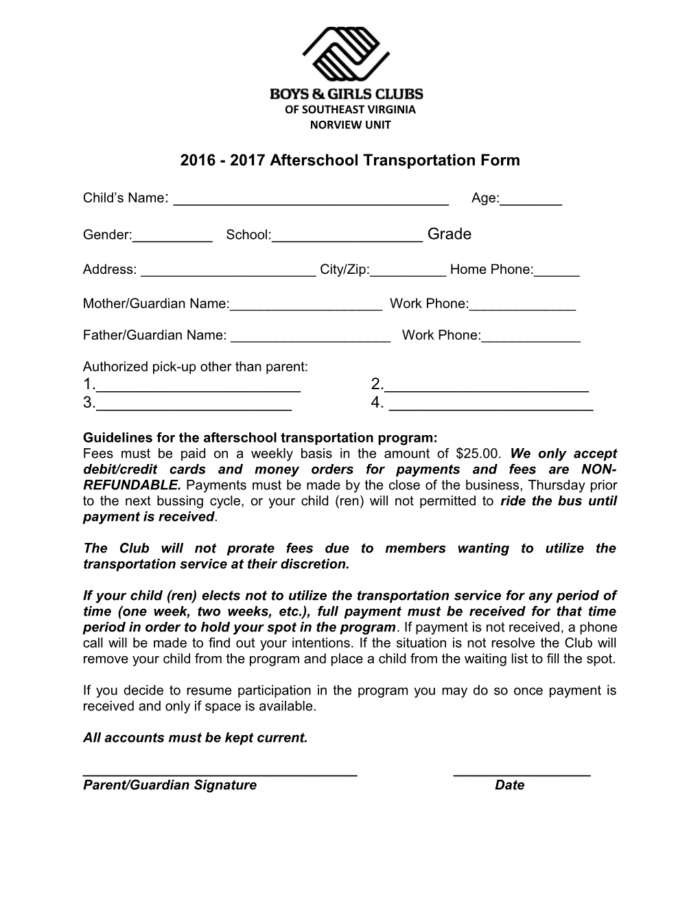 2016 - 2017 Afterschool Transportation Form