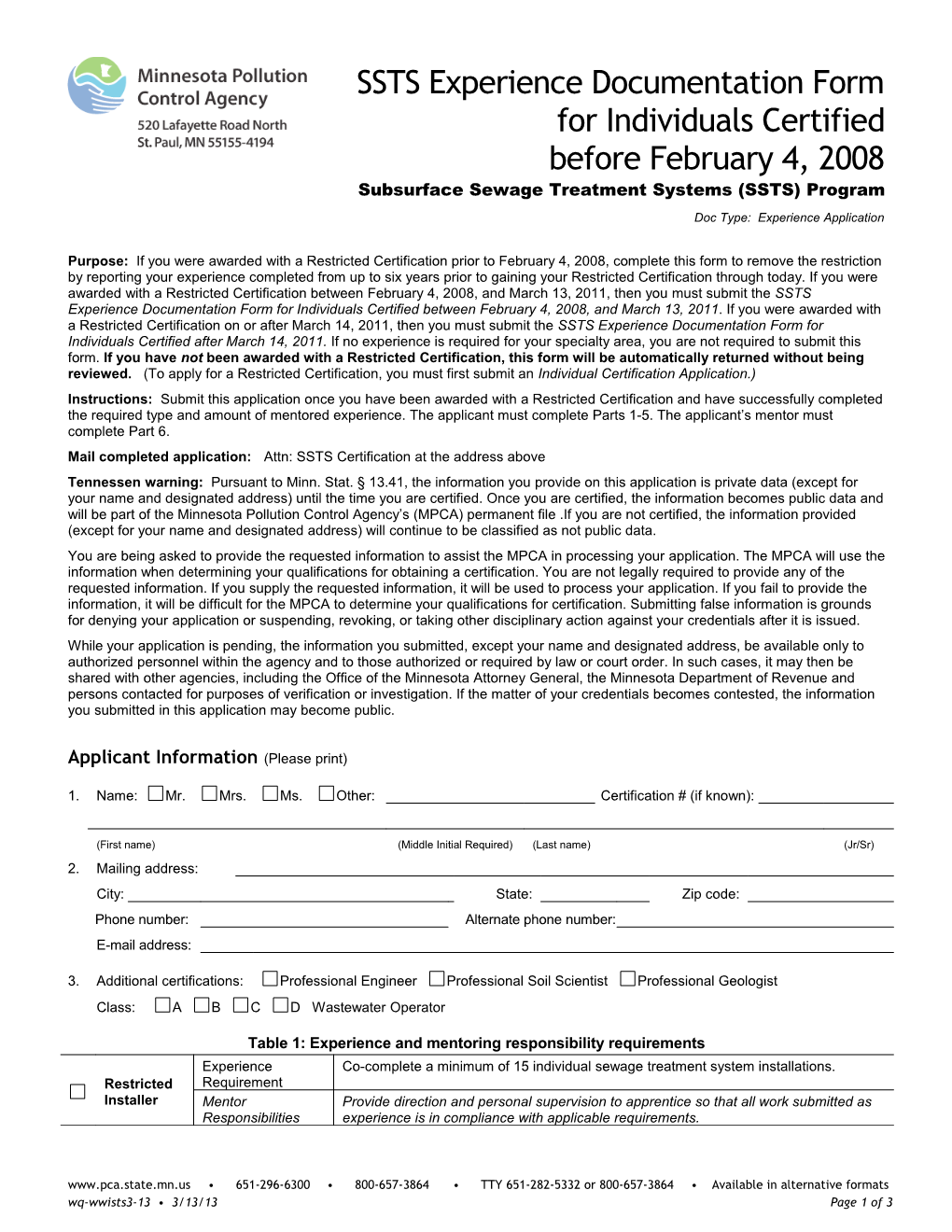 Experience Documentation Form - Subsurface Sewage Treatment Systems (SSTS) Program For