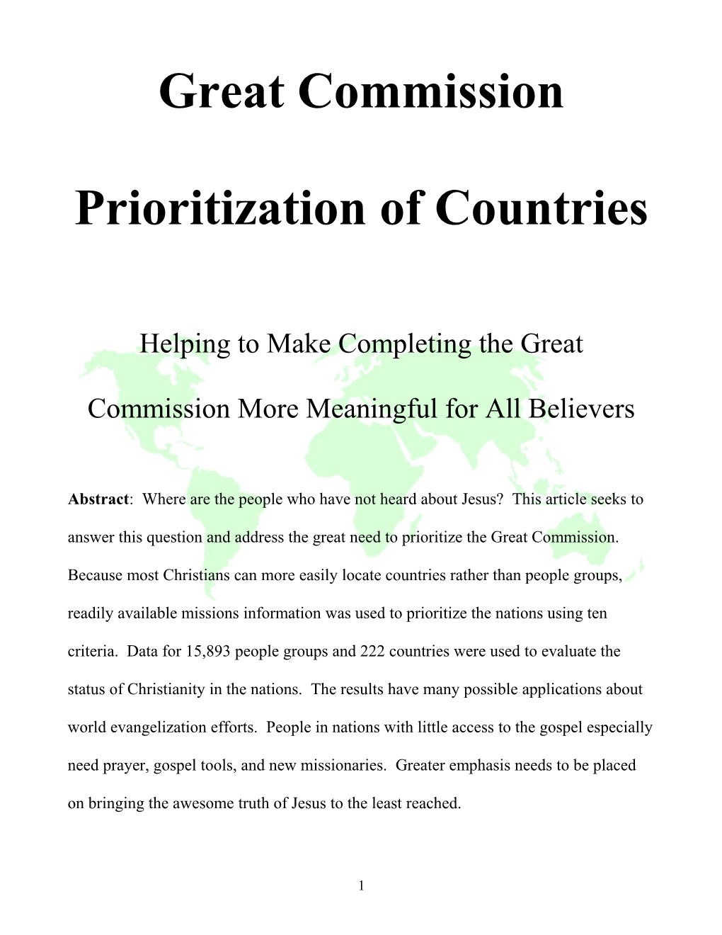 Great Commission Prioritization of Countries