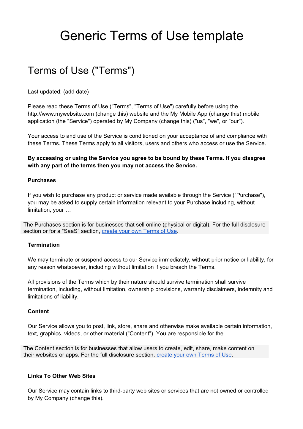 Generic Terms of Use Template