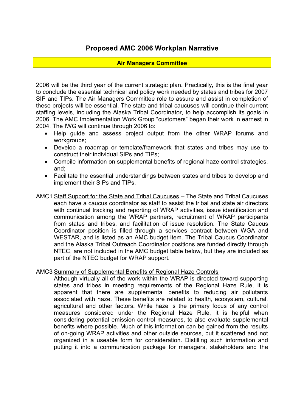 AMC 2005 Workplan Narrative from WRAP 2005 Workplan