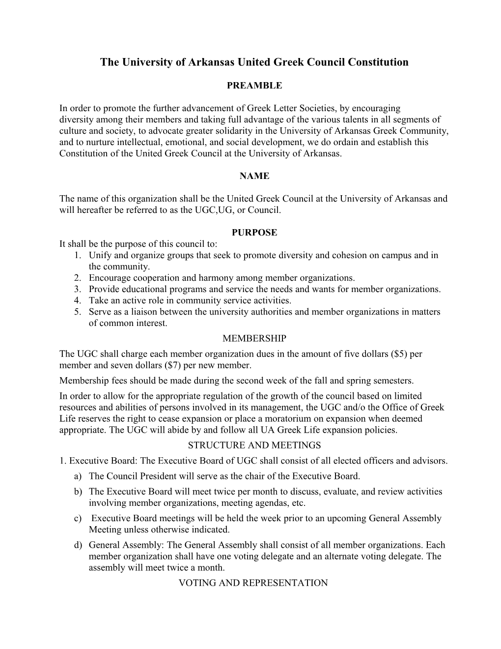 The University of Arkansas United Greek Council Constitution