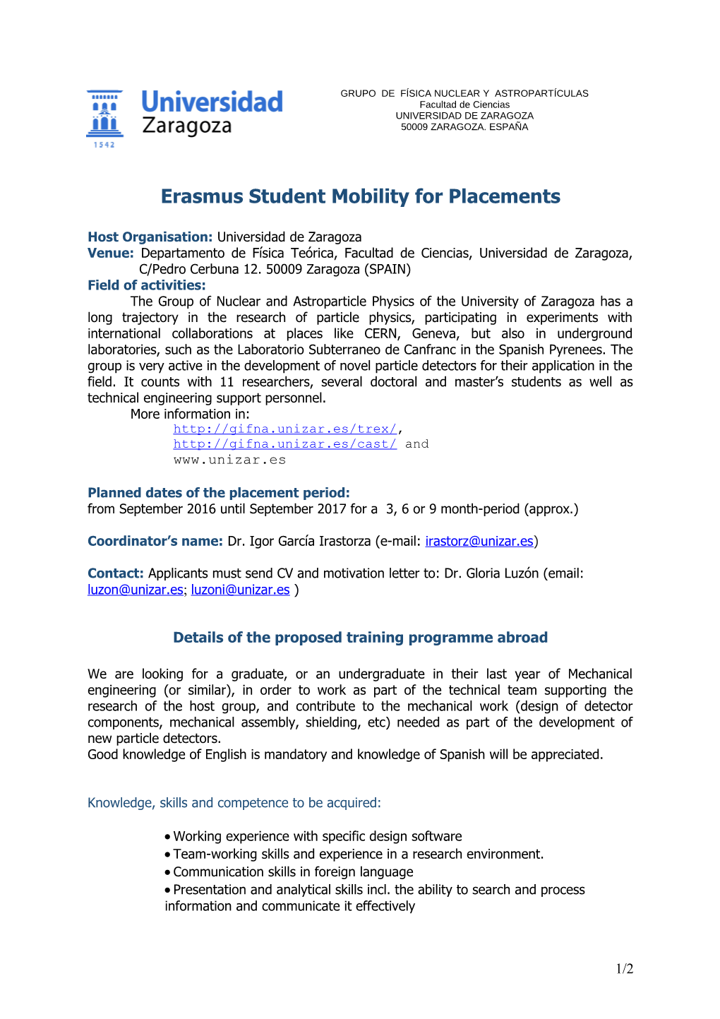 Erasmus Student Mobility for Placements