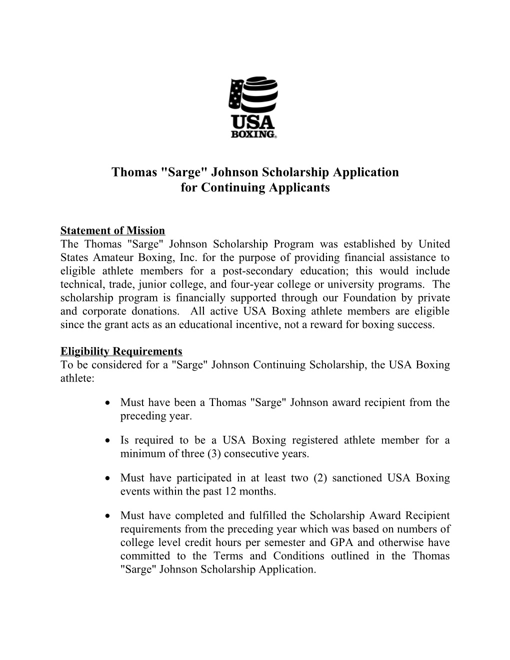 Thomas Sarge Johnson Scholarship Application