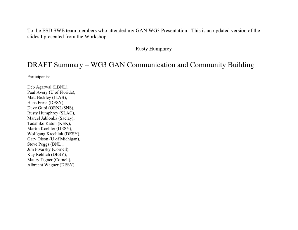 WG3 - Summary Draft for Comment by the Participants