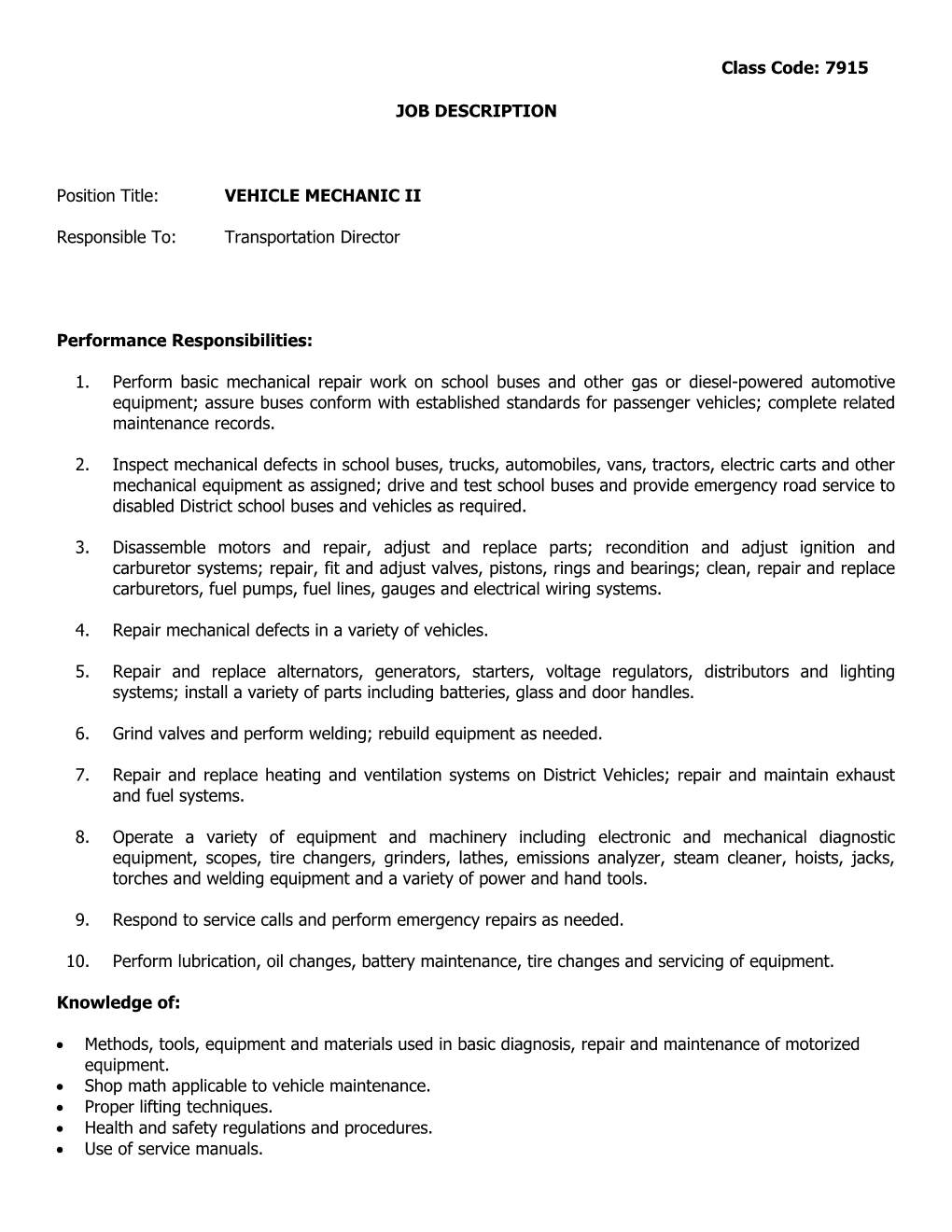 Position Title: VEHICLE MECHANICII