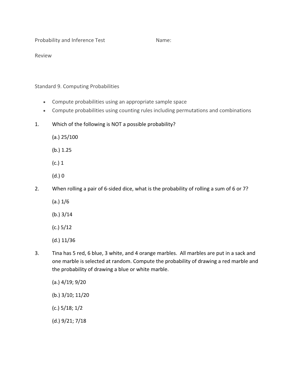 Probability and Inference Test Name