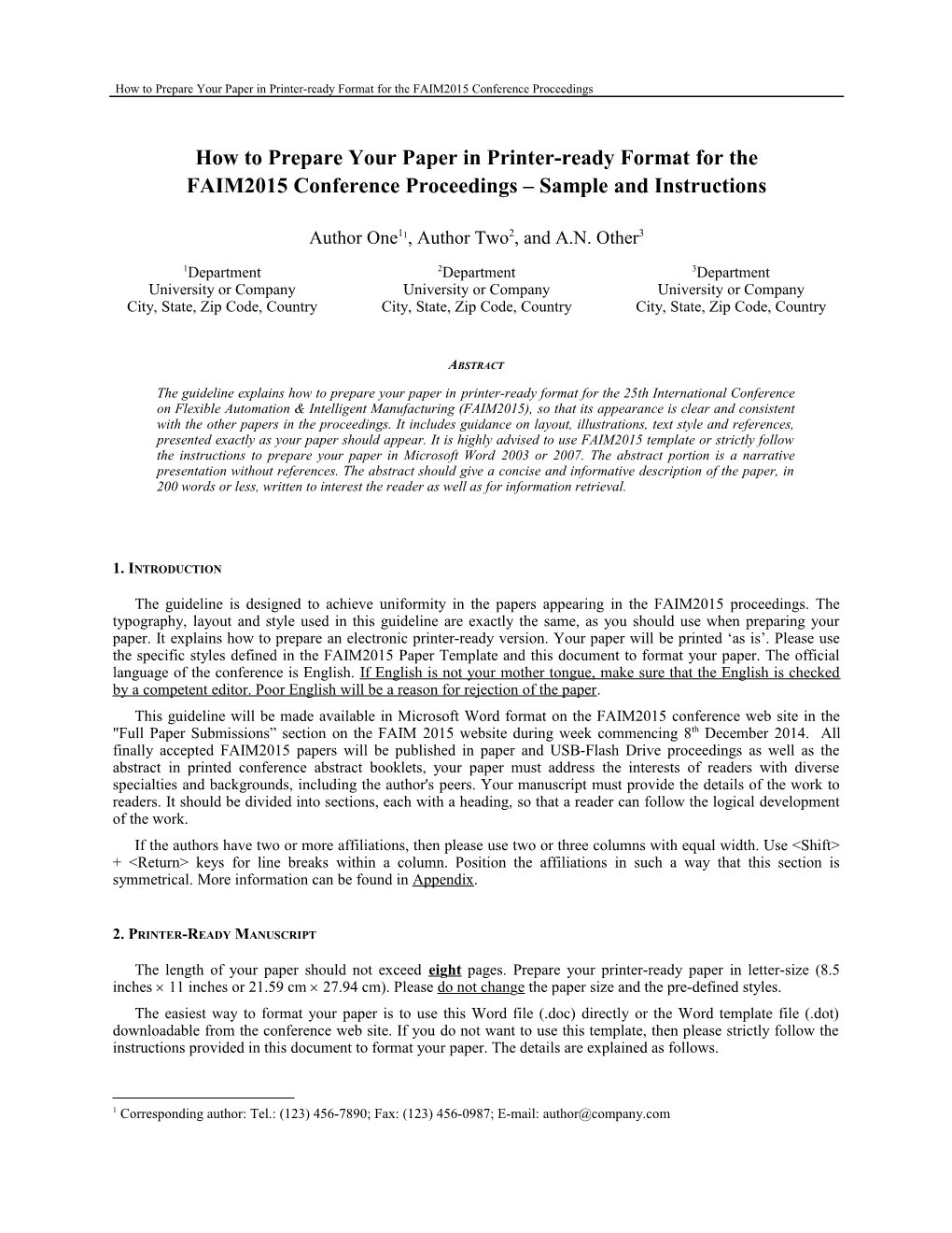 How to Prepare Your Paper in Printer-Ready Format for the FAIM2015 Conference Proceedings