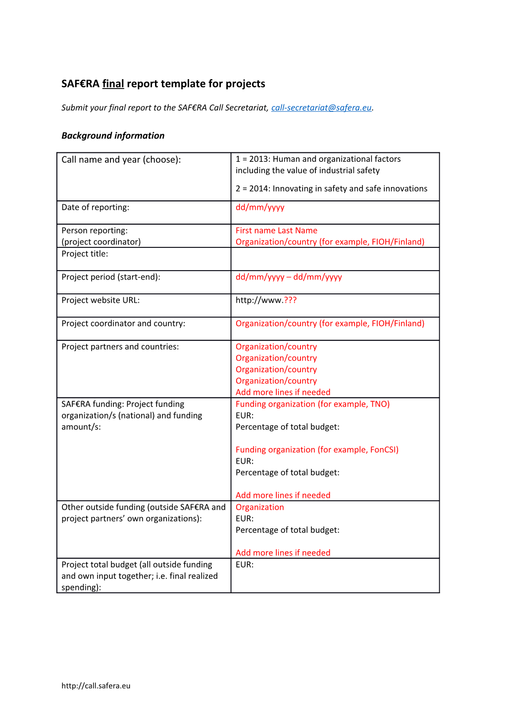 SAF Rafinal Report Template for Projects