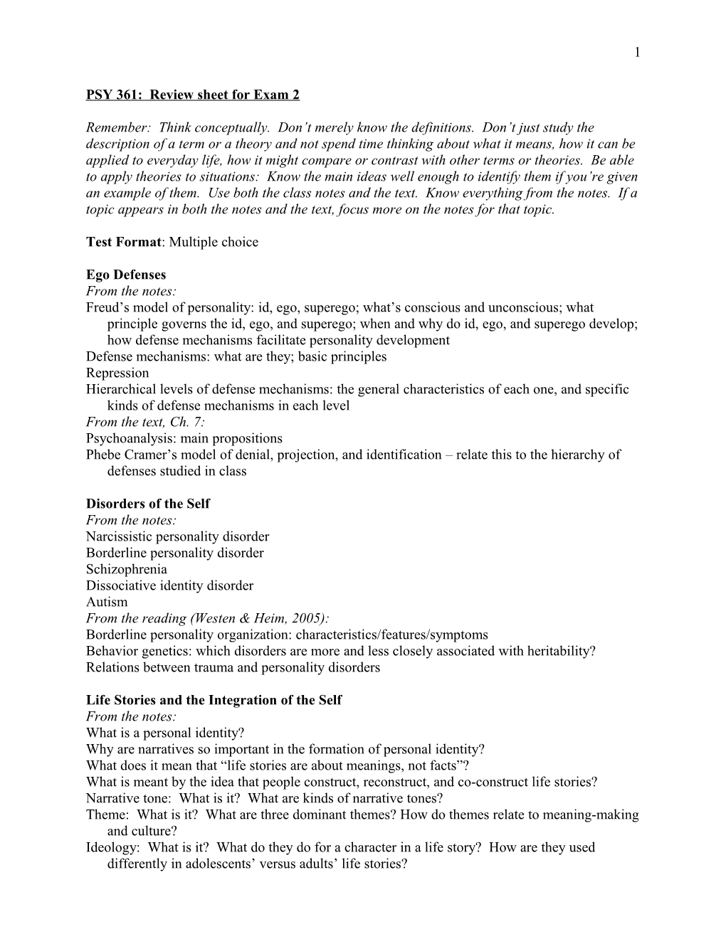 PSY 361: Review Sheet for Exam 1